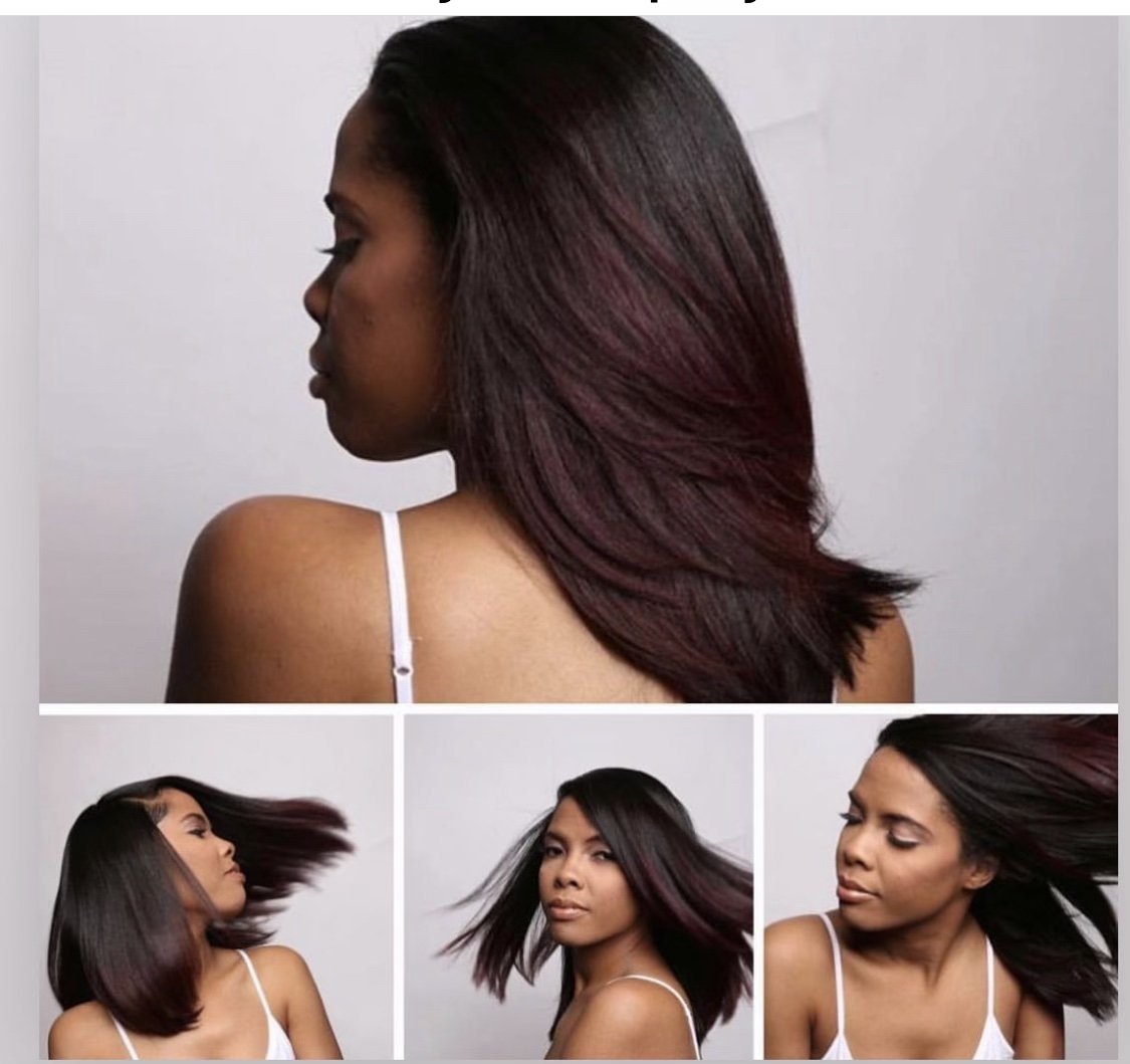 A collage of four images of a woman with straight, shoulder-length hair, showcasing different wind-blown hair styles and angles against a plain, light background.