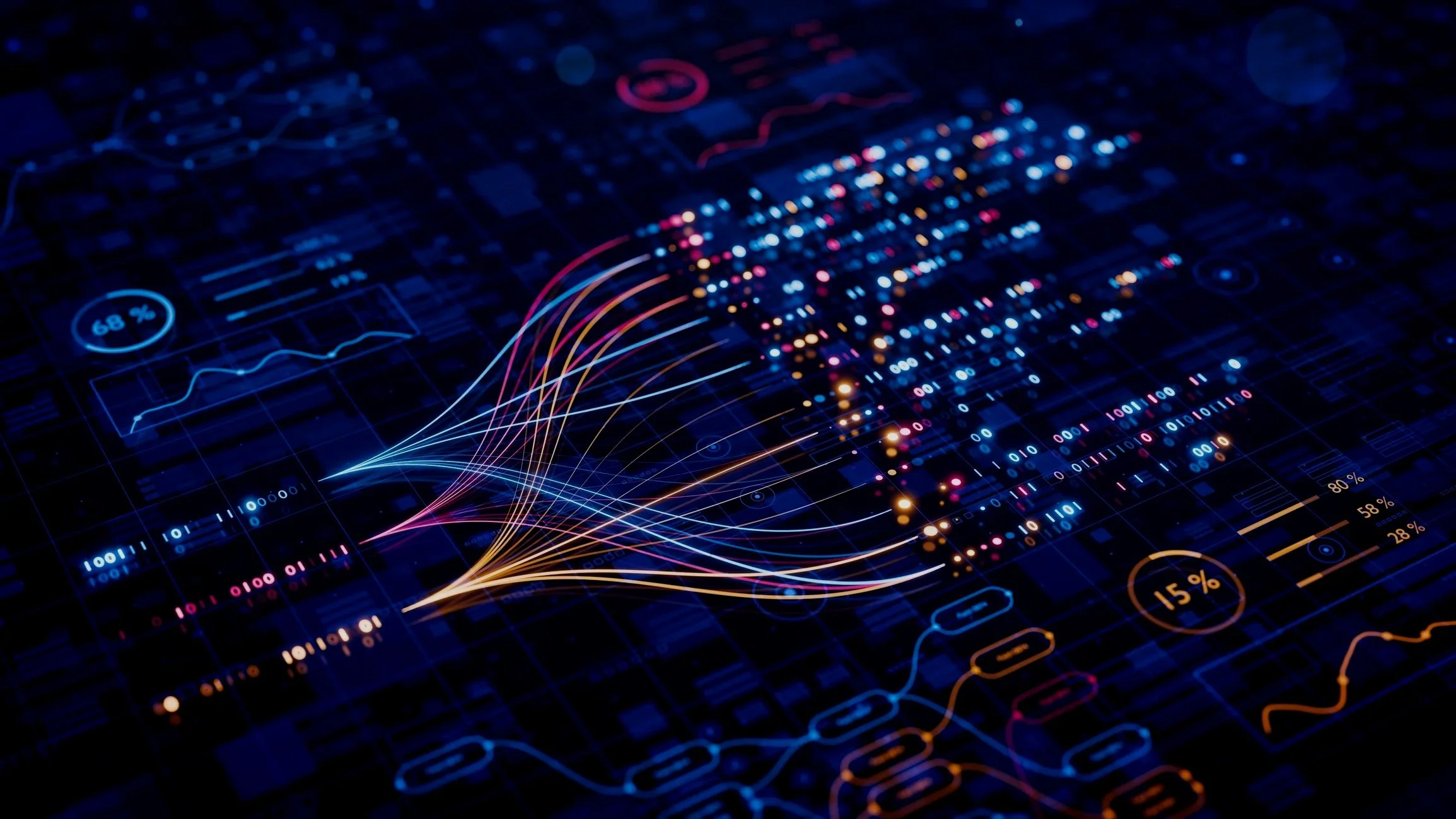 A digital representation of data with colorful lines, dots, and charts over a dark background, depicting data analysis or computer graphics.