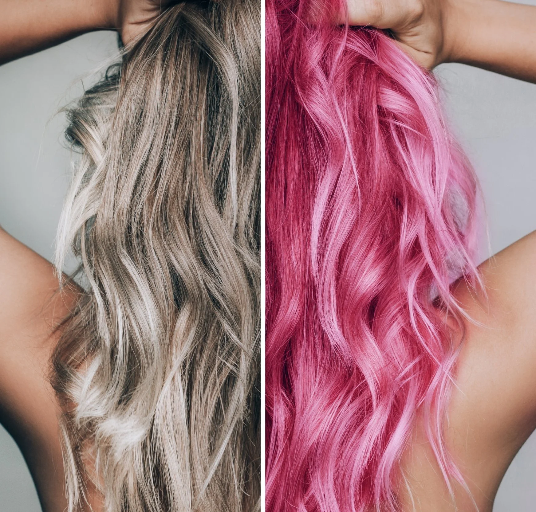 Side-by-side comparison of two long, wavy hairdos: dyed silver-blonde on the left and vibrant pink on the right.