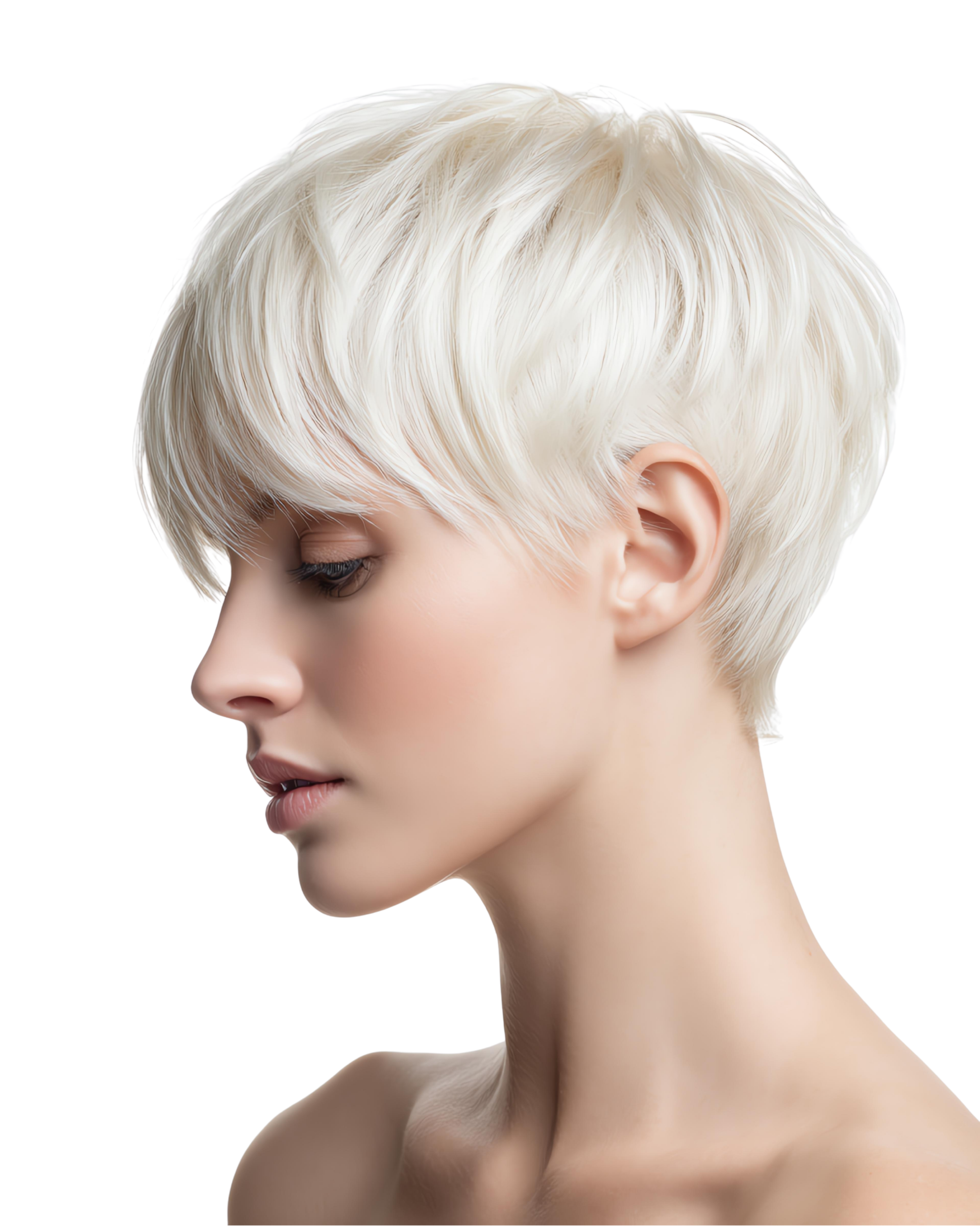 Profile portrait of a woman with short, platinum blonde hair, facing left with closed eyes and a serene expression.