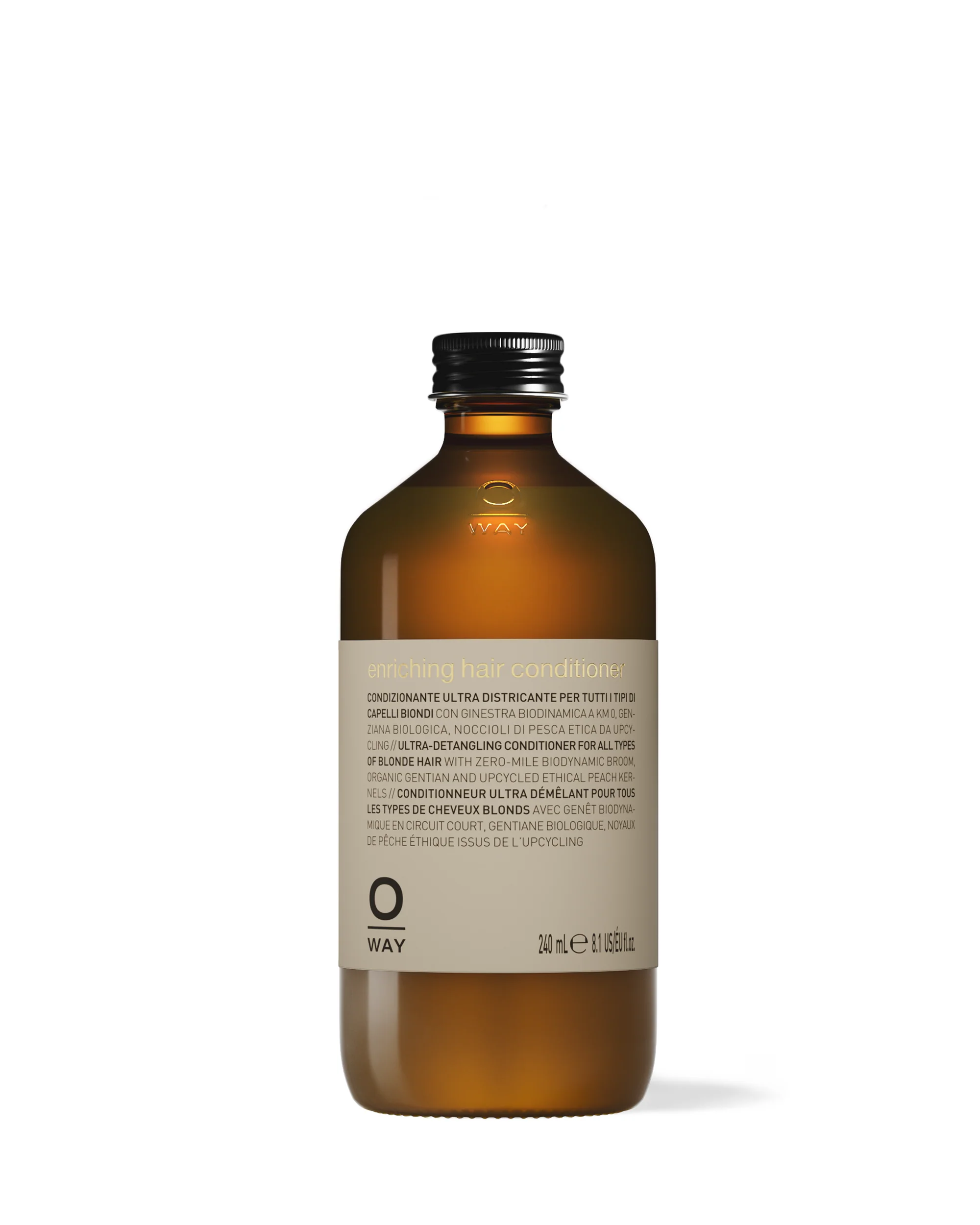 A brown bottle of enriching hair conditioner with a black screw cap, white label with black and gold text.