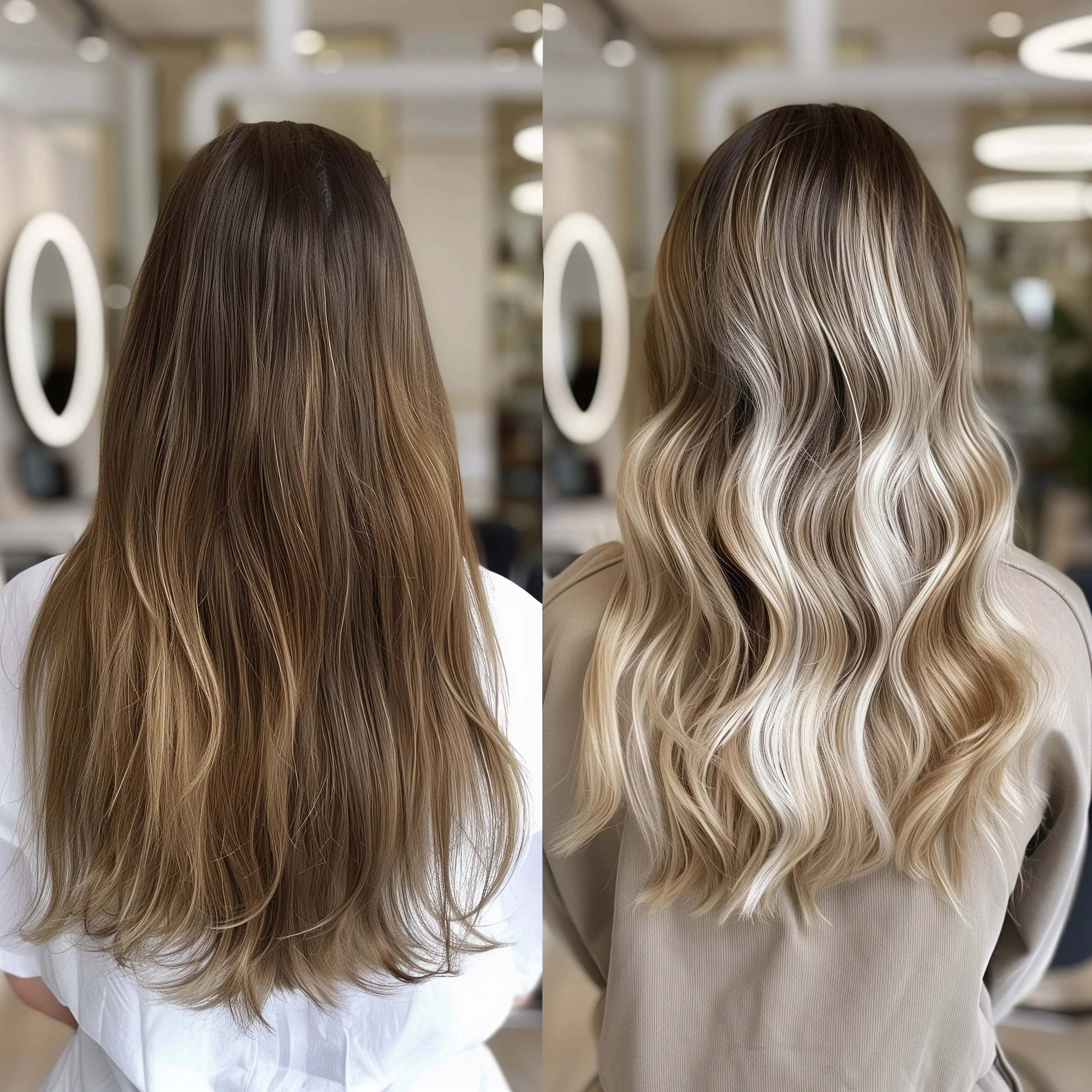 Comparison of a woman’s hair before and after a styling, showing long, wavy blonde hair with darker roots in the before image and lighter, highlighted waves in the after image.