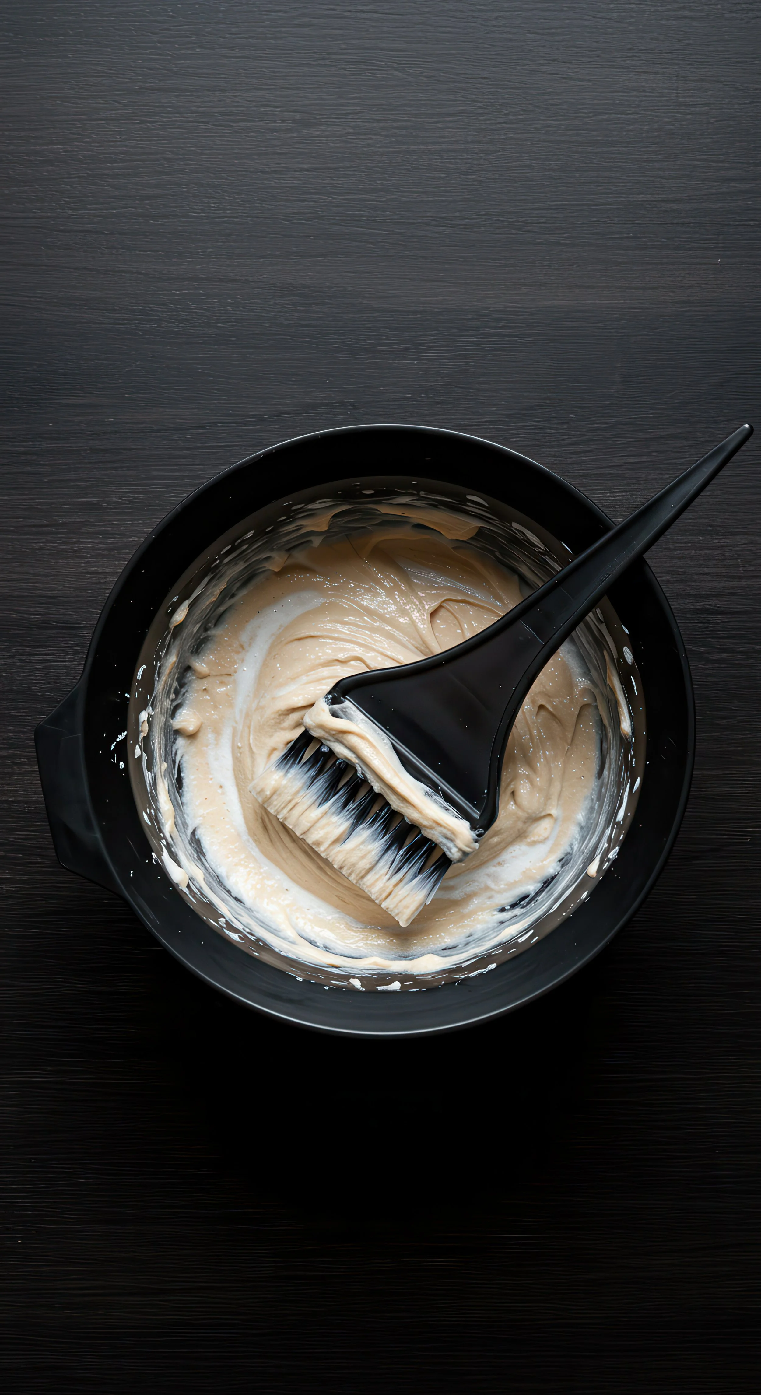 A black bowl containing light-colored hair dye or cream, with a black application brush resting inside, on a dark wooden surface.
