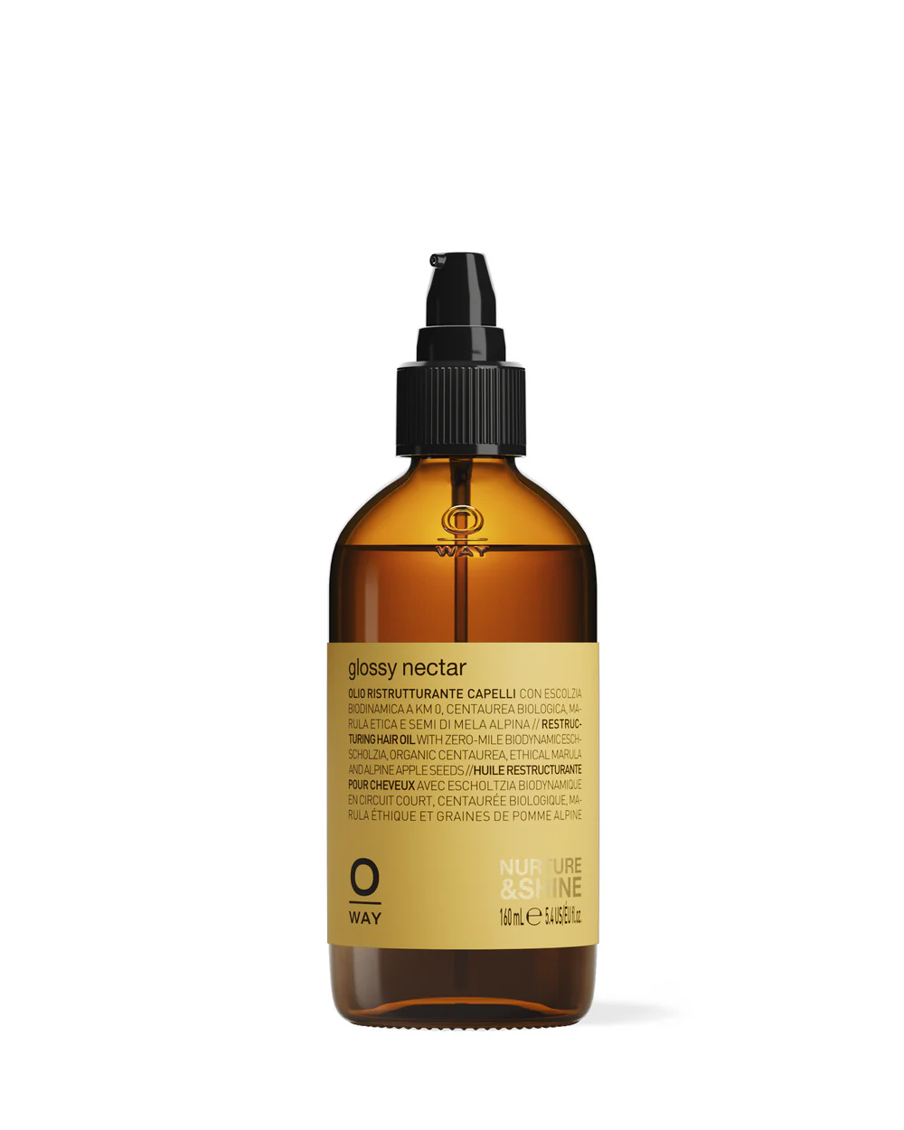 Amber glass bottle with black pump dispenser, labeled 'glossy nectar' hair oil by Oway, standing against a white background.