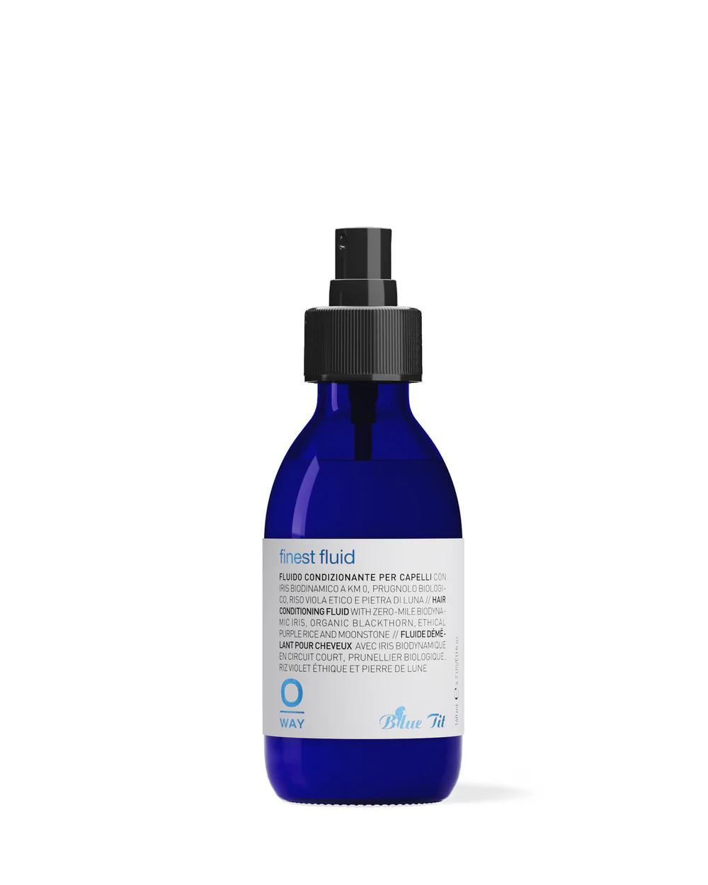 Blue glass spray bottle labeled 'finest fluid' with a white and blue label, containing hair conditioning fluid, against a white background.