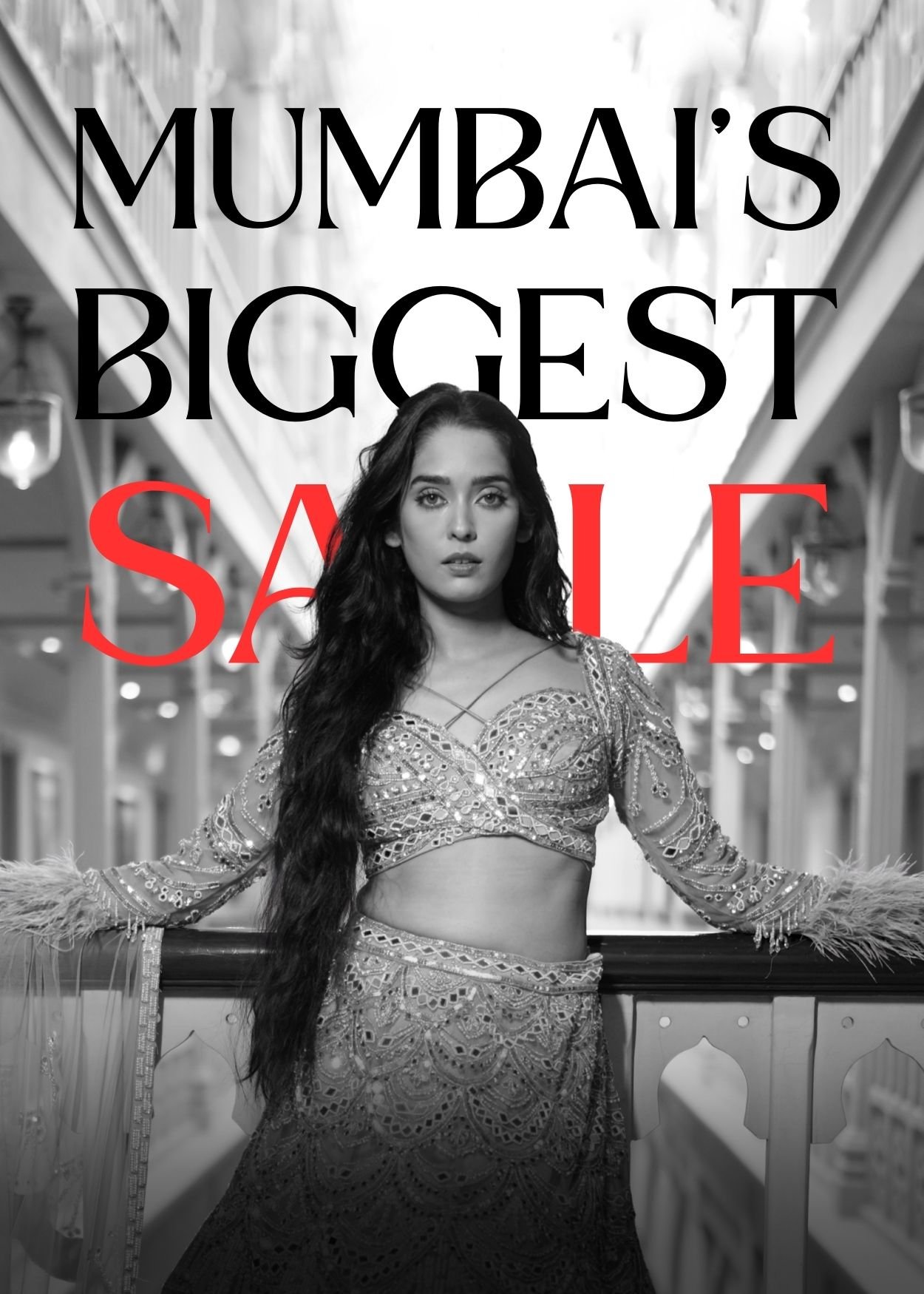 a beautiful bride wearing contemporary designer lehenga standing at Bmby Wear | Bombay Wear. The text on the image reads: 'Mumbai's Biggest Bridal Sale''