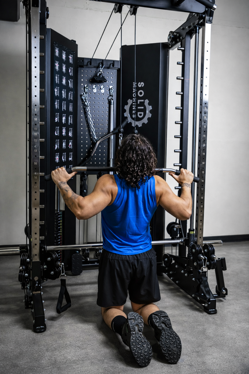 Professional fitness lifestyle photography featuring an athlete using a commercial Smith machine and cable system. Captured to highlight muscle engagement, equipment design, and real-world functionality. Perfect for marketing, social media campaigns,