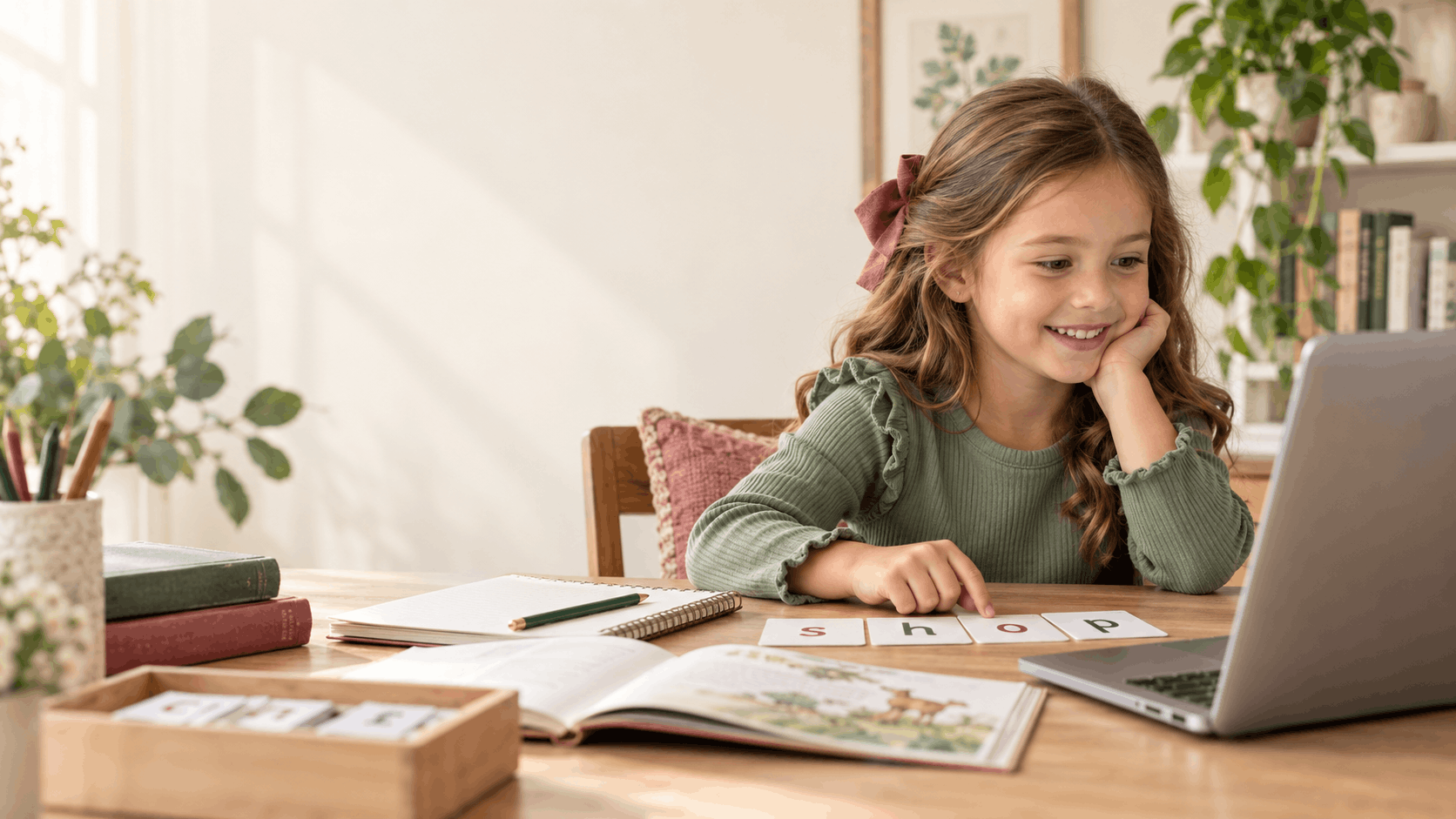 Smiling young girl in a cozy home setting participates in an online reading lesson at a table with a laptop, phonics cards, books, and learning materials in soft sage green, cream, and muted raspberry tones.