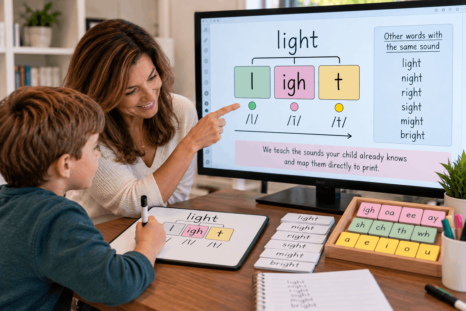 Speech-to-print reading lesson showing a teacher helping a child map the word “light” into three sounds: l, igh, and t, with matching word examples including night, right, sight, might, and bright.