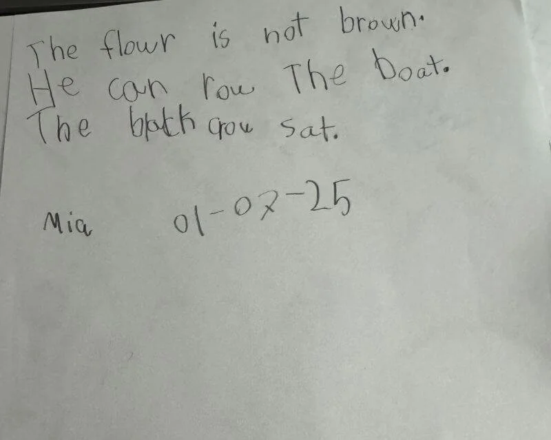 Student handwriting after dyslexia intervention with Fort Worth reading specialist Catherine Mitchell — 12-week progress result showing grade-level writing confidence.