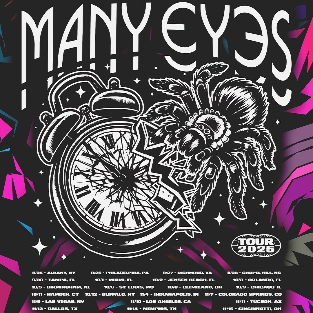 A poster for a tour featuring a broken alarm clock, marijuana leaves, and the text 'Many Eyes' and 'Tour 2025' with dates and locations listed.