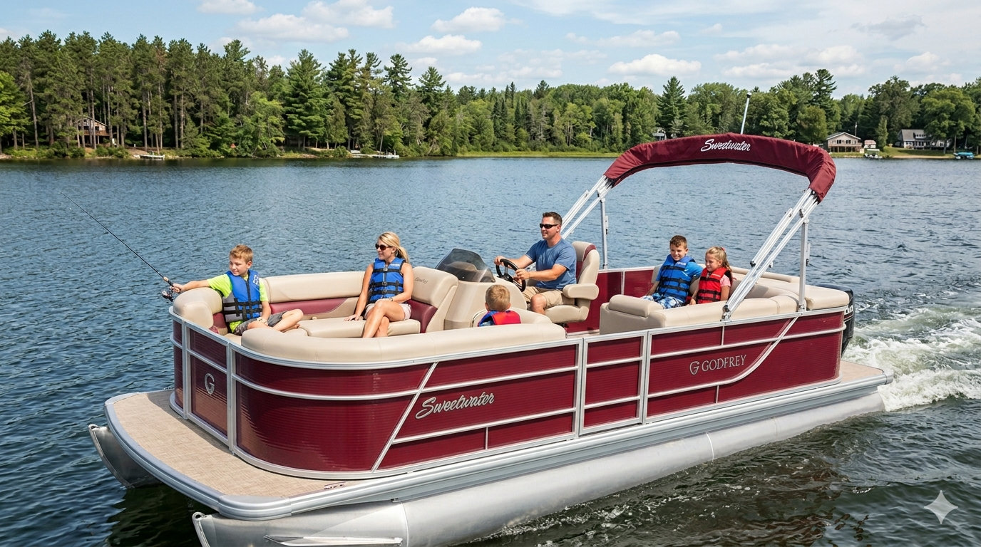 family in a pontoon cruising on Houghton Lake