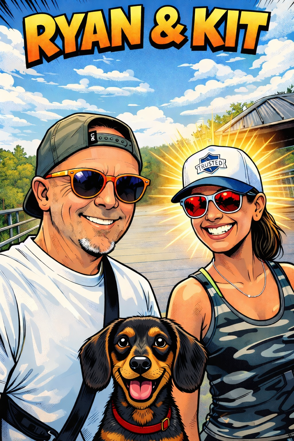 A smiling man and woman wearing sunglasses and casual clothing, with a small dog between them, outdoors on a sunny day with blue sky and trees in the background.