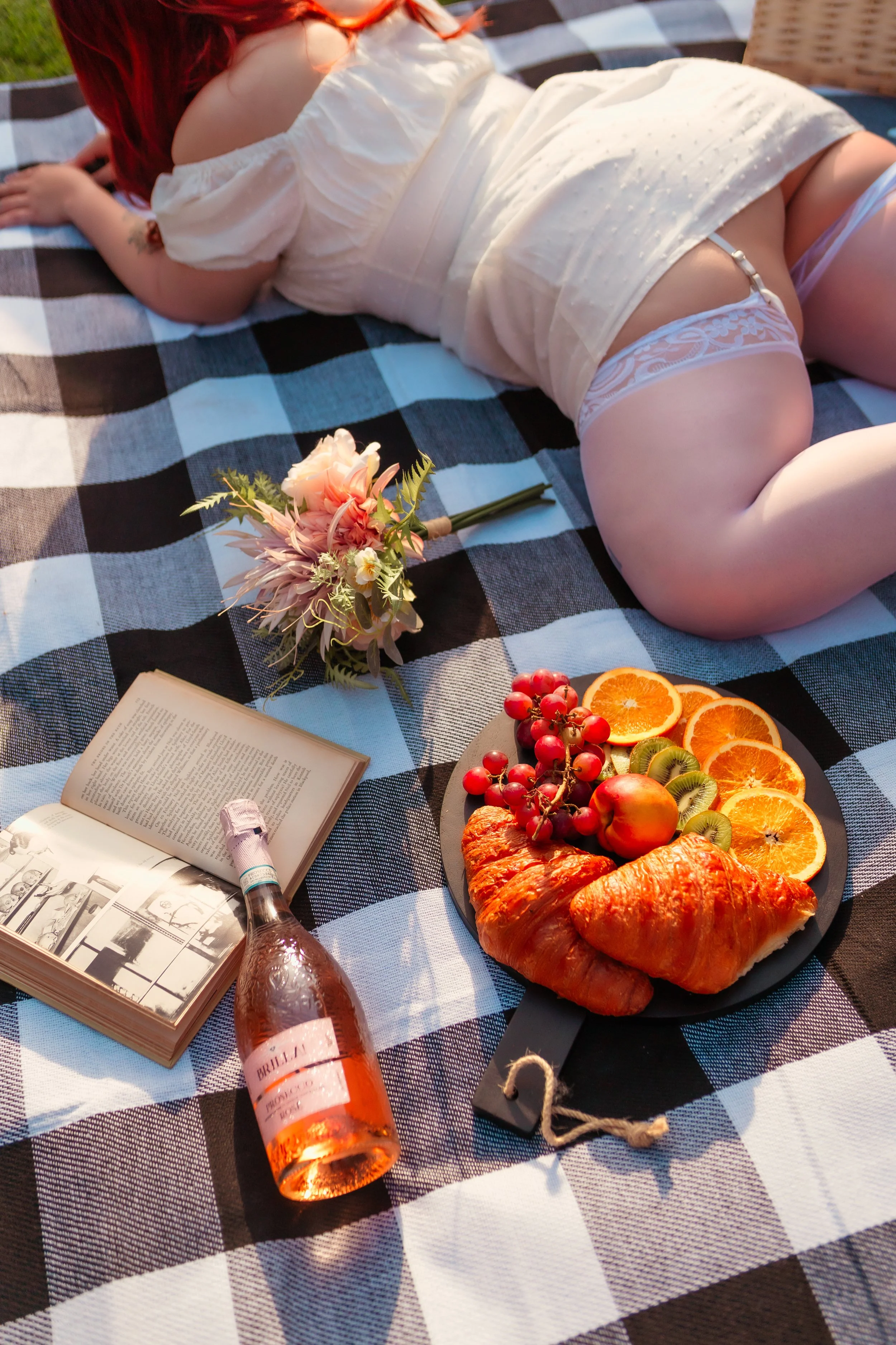 Outdoor boudoir with dress and picnic