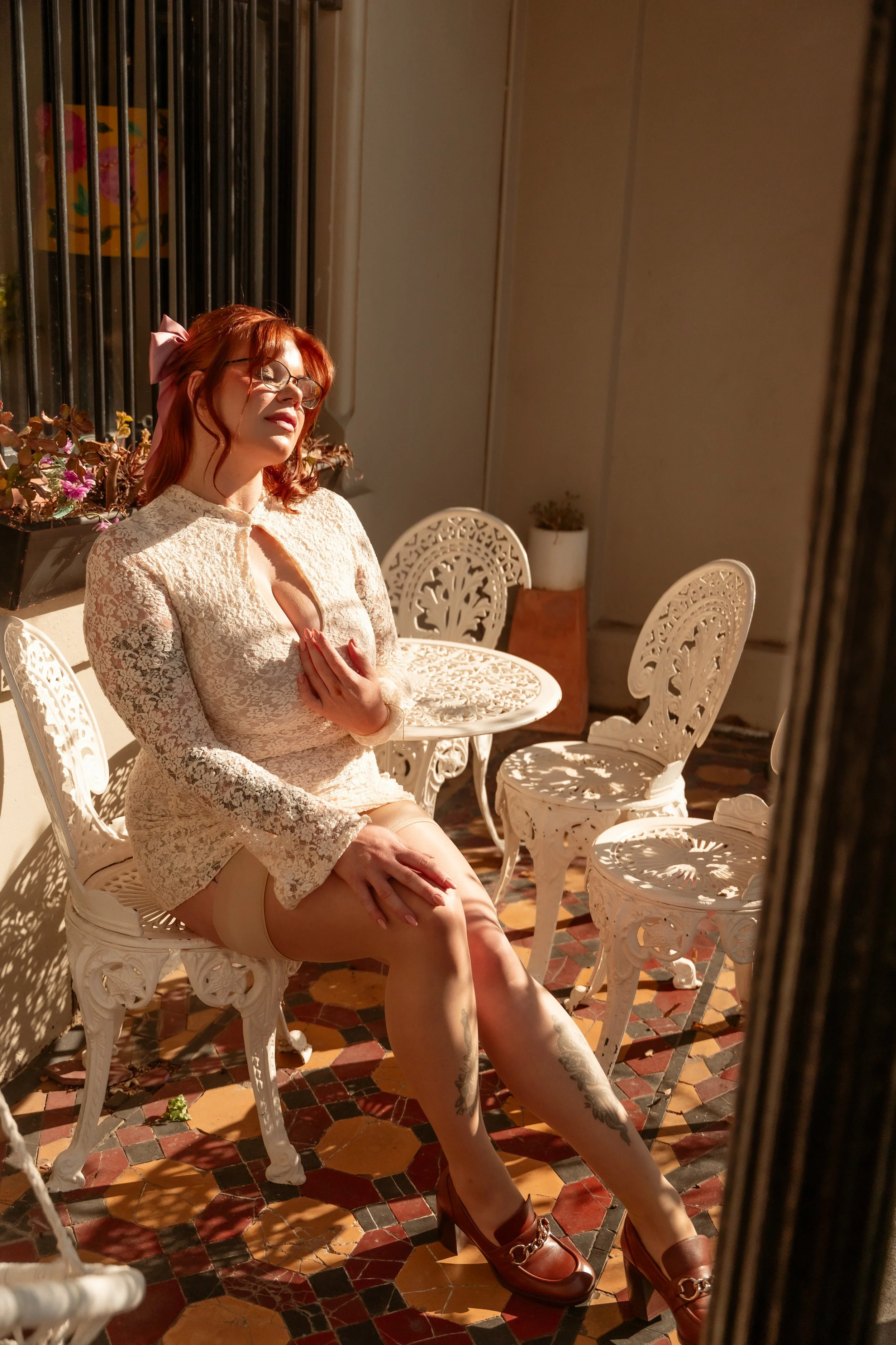 Golden hour boudoir with dress outside