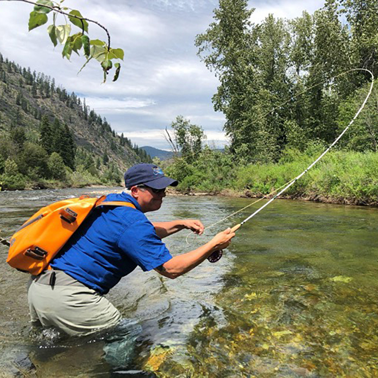 J Michelle fishing in a river with mountains and trees in the background on a partly cloudy day.