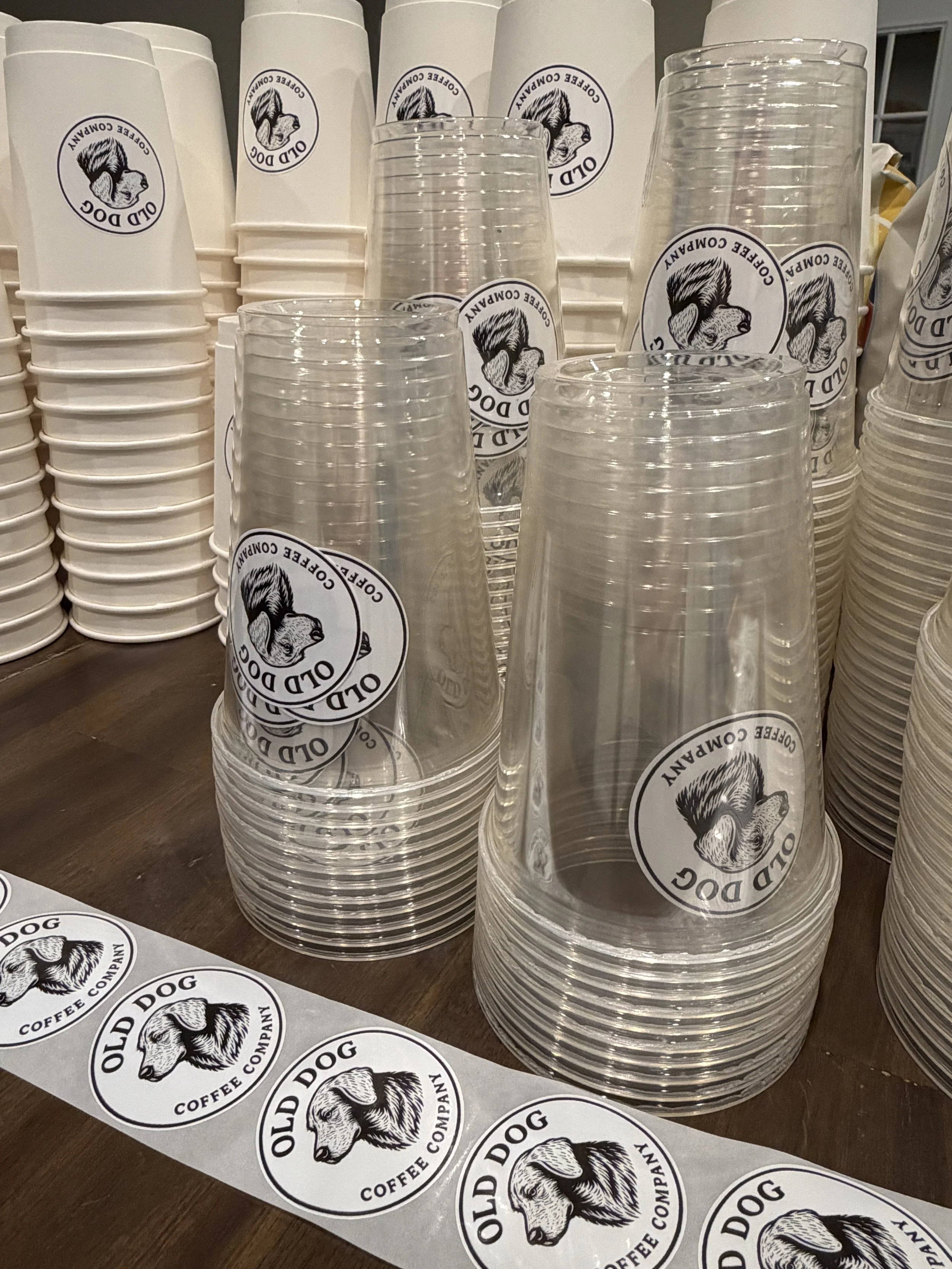 Custom cups labeled with Old Dog Coffee Company cup labels. Event catering coffee cups hot and iced cups. Organized preperation for espresso and mobile coffee bar catering events in Utica, NY and Central NY