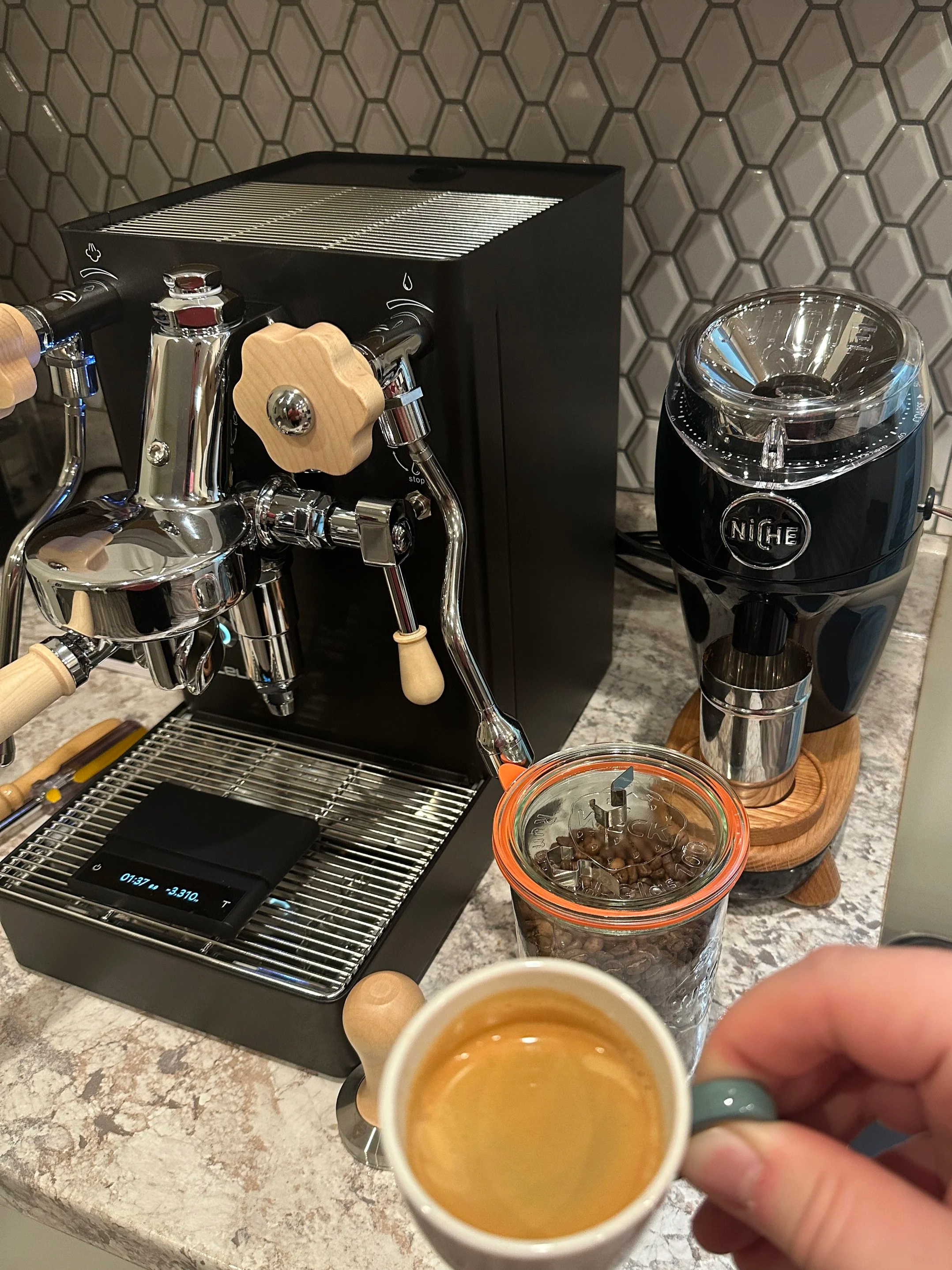 Espresso machine and espresso grinder for high quality espresso shots at Old Dog Coffee Company. Testing quality and recipes for mobile coffee catering events for our espresso bar catering in Utica, NY and Central New York