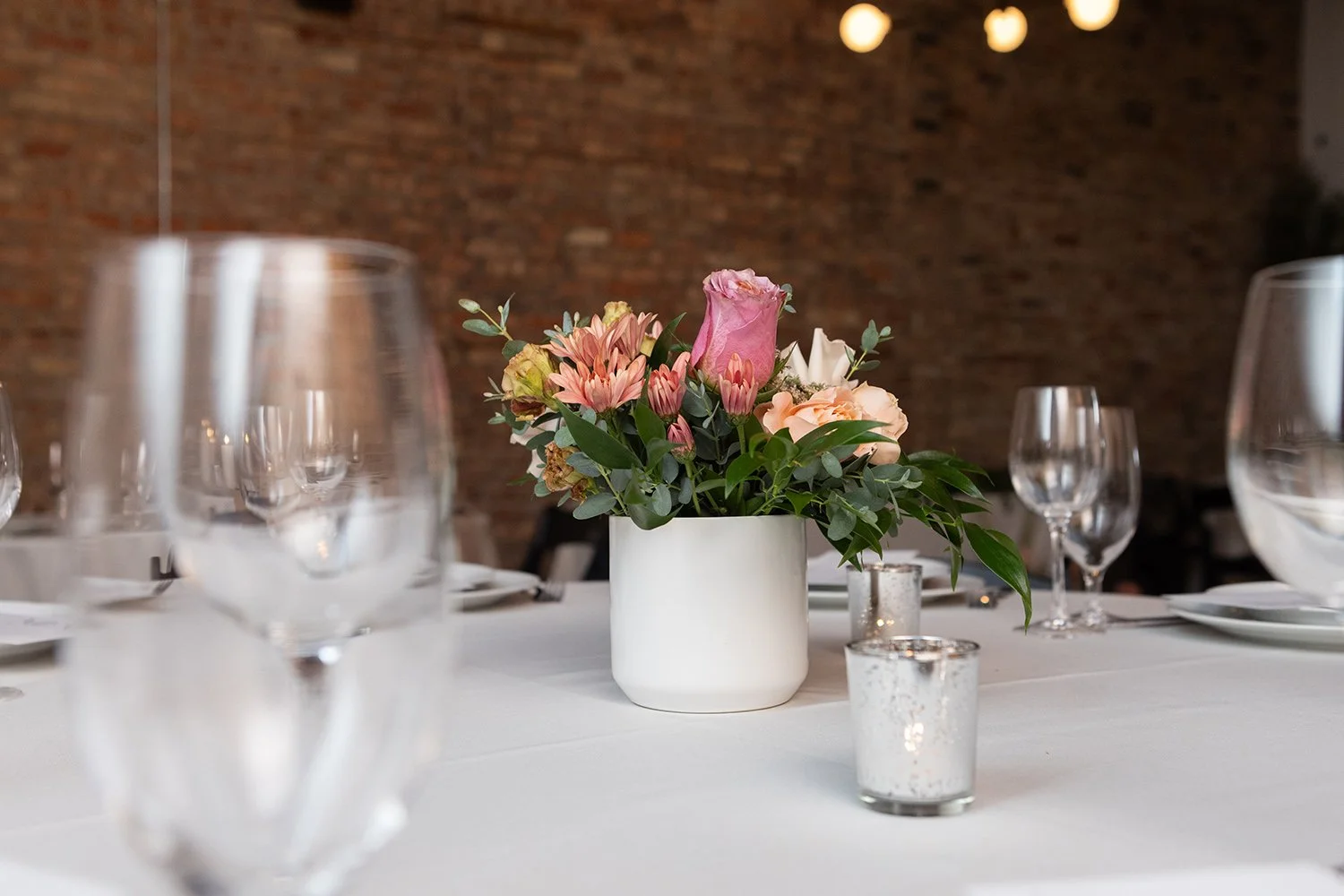 centerpieces set up for micro wedding at Tethered Events in South Loop, Chicago