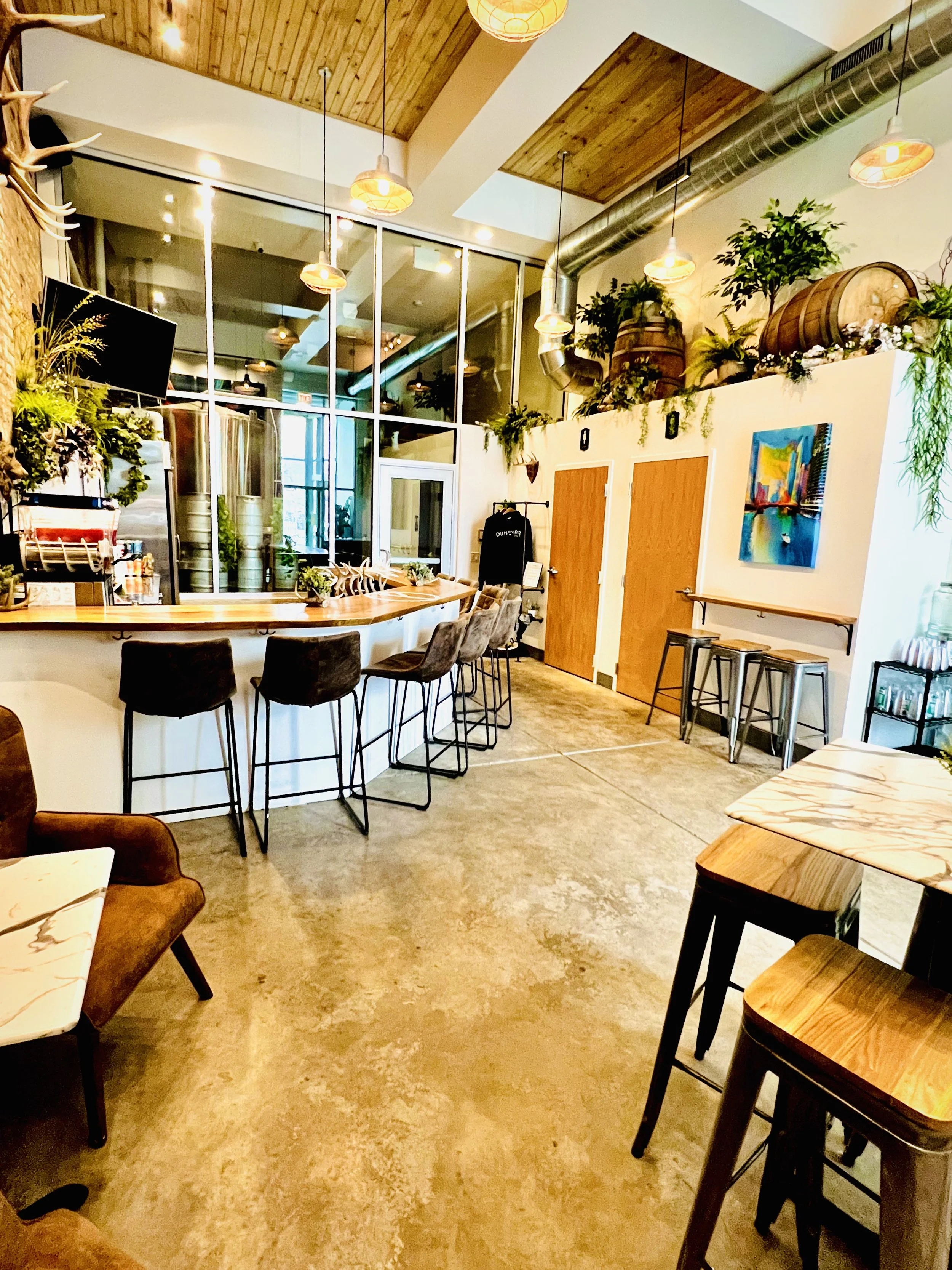 Interior of a cozy, modern tasting room with a curved bar counter, bar stools, potted plants, and wooden barrels on a high shelf. Warm lighting and a colorful abstract painting adorn the white walls.