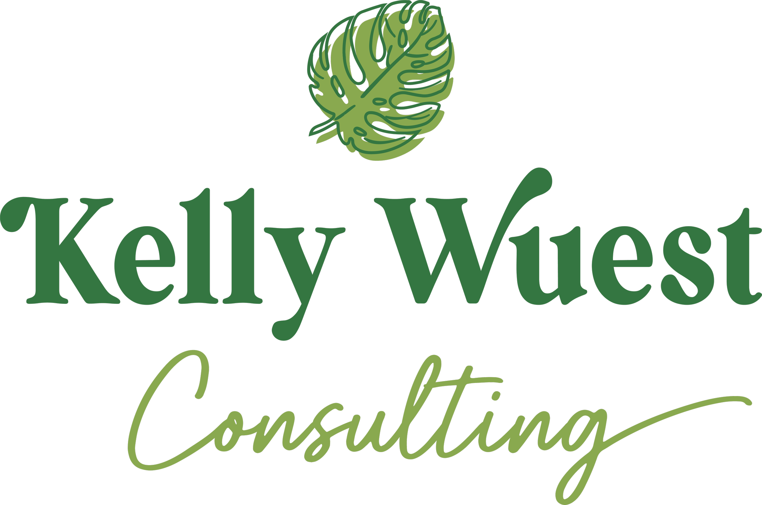 Kelly West Consulting logo with a green monstera leaf above the name.