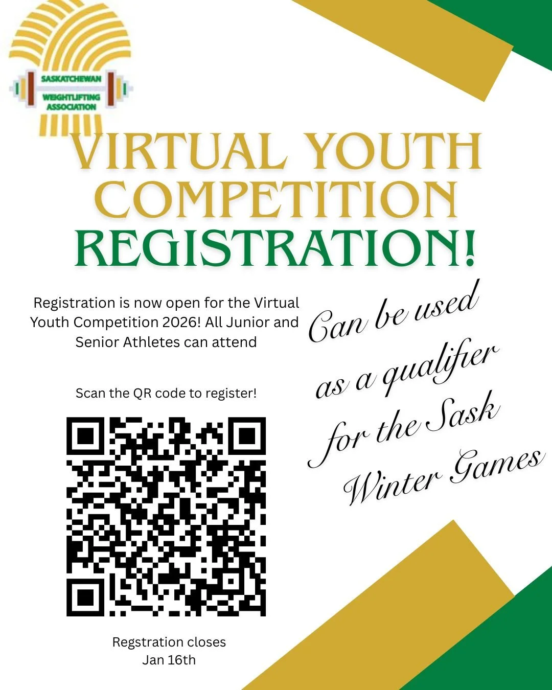 Announcing our 2026 Youth Virtual Meet!  This meet is intended for any athlete that is still wanting to qualify for the Sask Winter Games and still needs to attend a meet.  You must have your 2025/26 Sask Weightlifting Membership.  It is recommended 