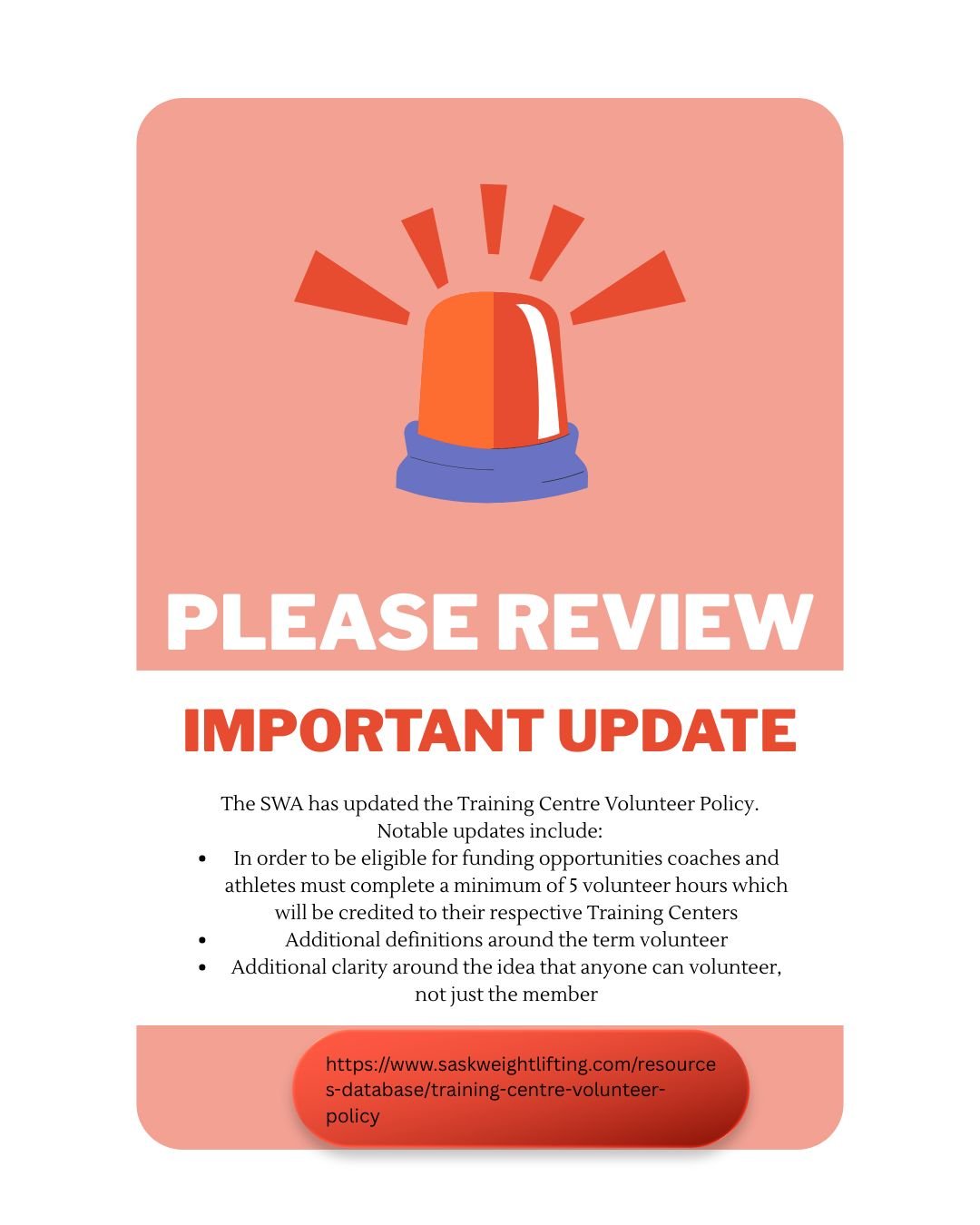 The SWA board has approved an update to our Training Centre Volunteer Policy. 
⬇ to view read the policy in its entirety.
https://www.saskweightlifting.com/resources-database/training-centre-volunteer-policy