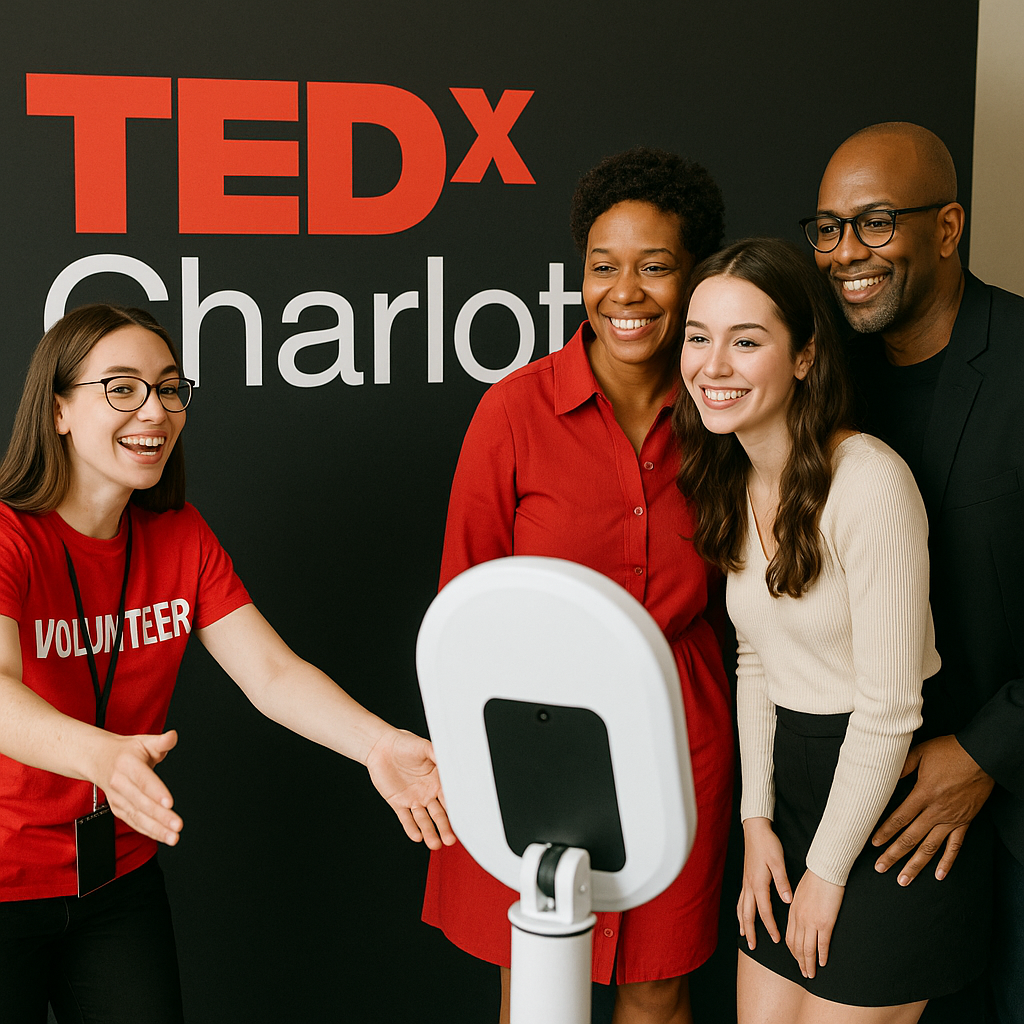 A group of four people taking a selfie at a TEDx Charlotte event, with a volunteer assisting with the camera, all smiling.