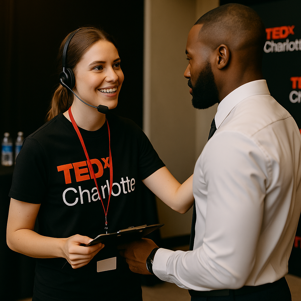 A young woman with a headset and a black TEDx Charlotte t-shirt smiling and speaking to a man in a white shirt and black tie at a TEDx event.