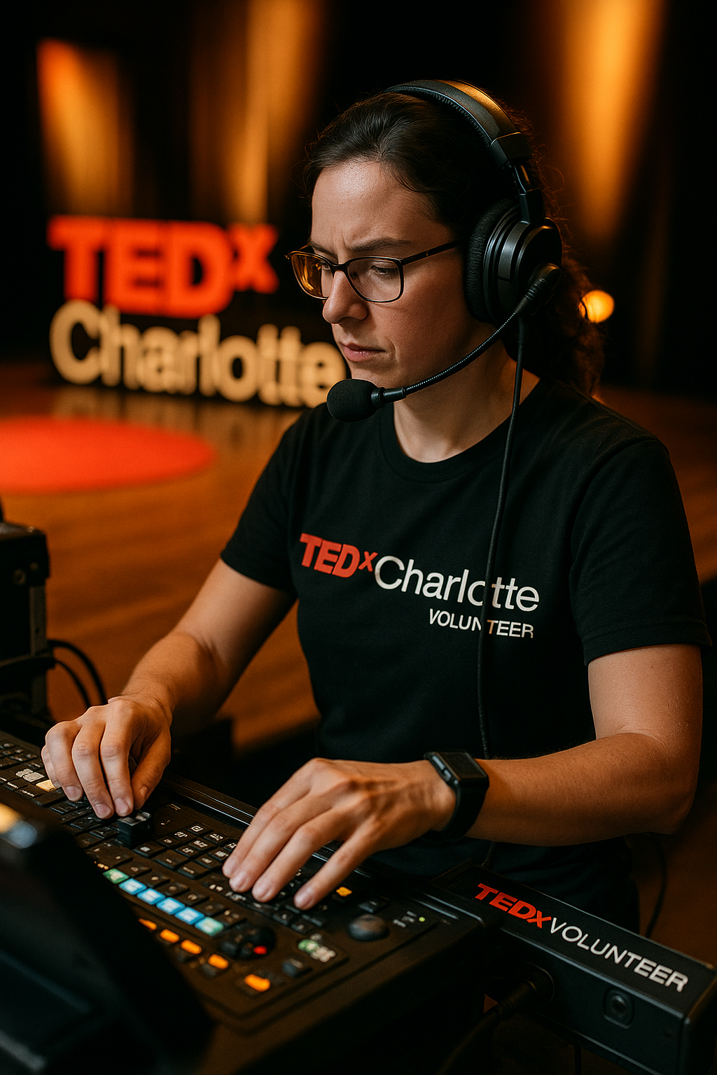 A woman wearing glasses and a TEDxCharlotte volunteer t-shirt, using sound equipment with a headset on, during a TEDx event.