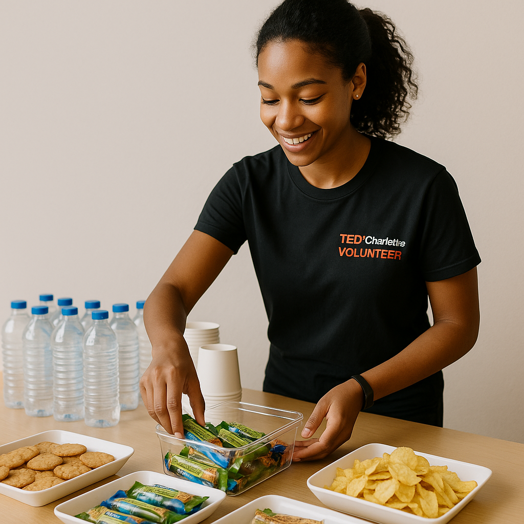 A smiling African American volunteer woman in a black T-shirt labeled TED Charlette VOLUNTEER, placing snack packs in a container at a community event table. The table has bottled water, cookies, potato chips, and paper cups.