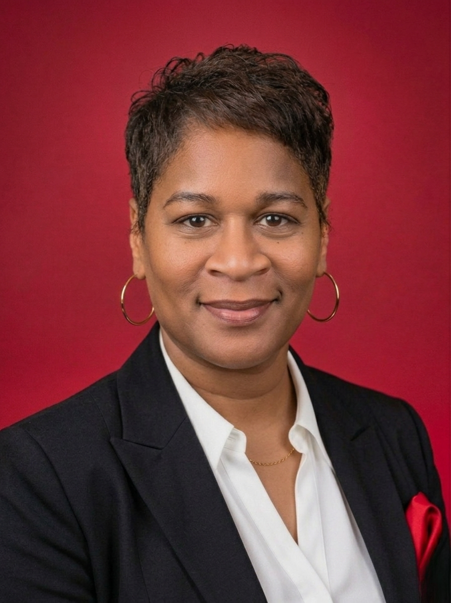 A woman with shoulder-length black hair, wearing glasses, a white blouse, and a black blazer, smiling at the camera against a plain background.