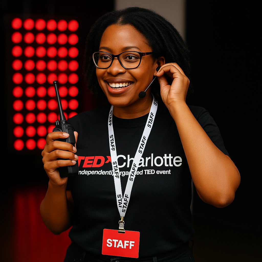A smiling woman wearing glasses and a Ted Charlotte t-shirt, holding a walkie-talkie, with a Ted event staff badge around her neck, in front of a red illuminated backdrop.