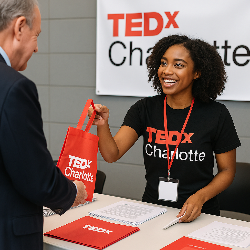 A woman handing a red tote bag with TEDx Charlotte logo to a man at a registration table, with TEDx Charlotte sign in the background.