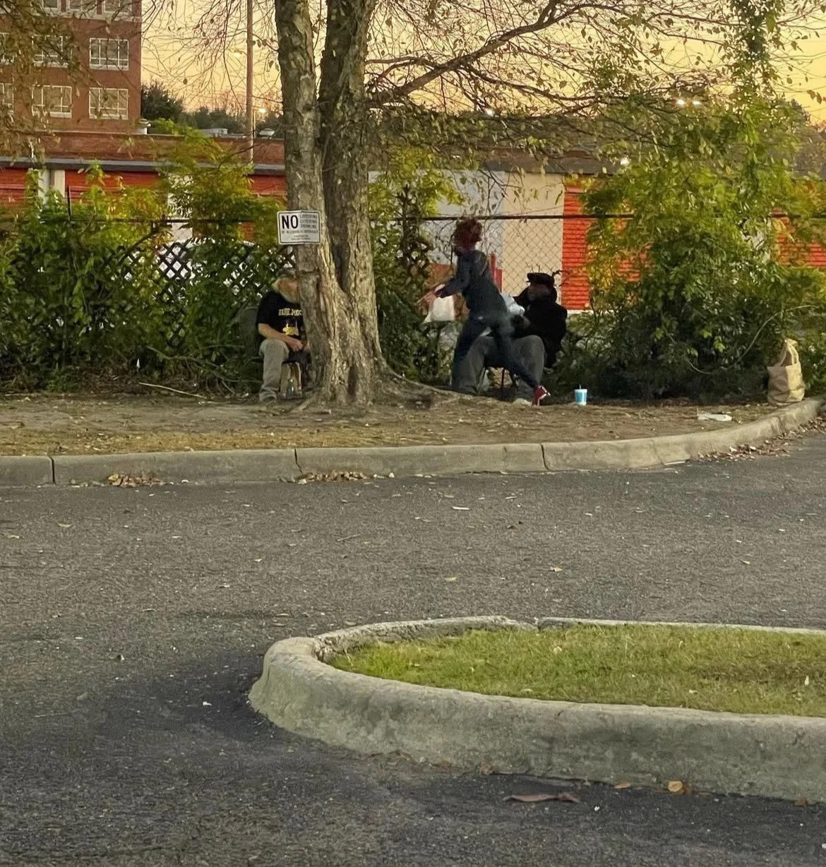 People sitting and interacting near a tree behind a fence in an urban area during sunset.