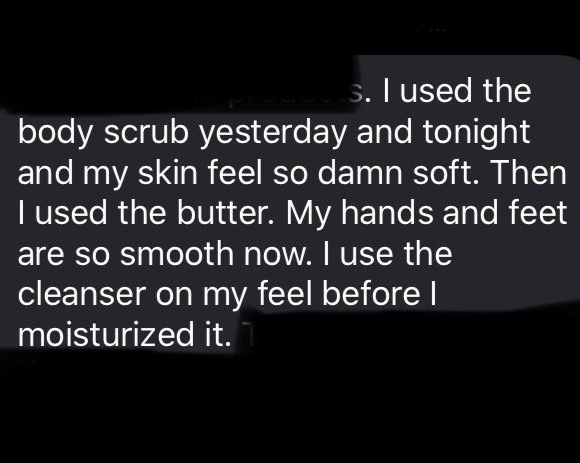 Close-up of a social media comment discussing skincare routine, mentioning body scrub, butter, and moisturizer.