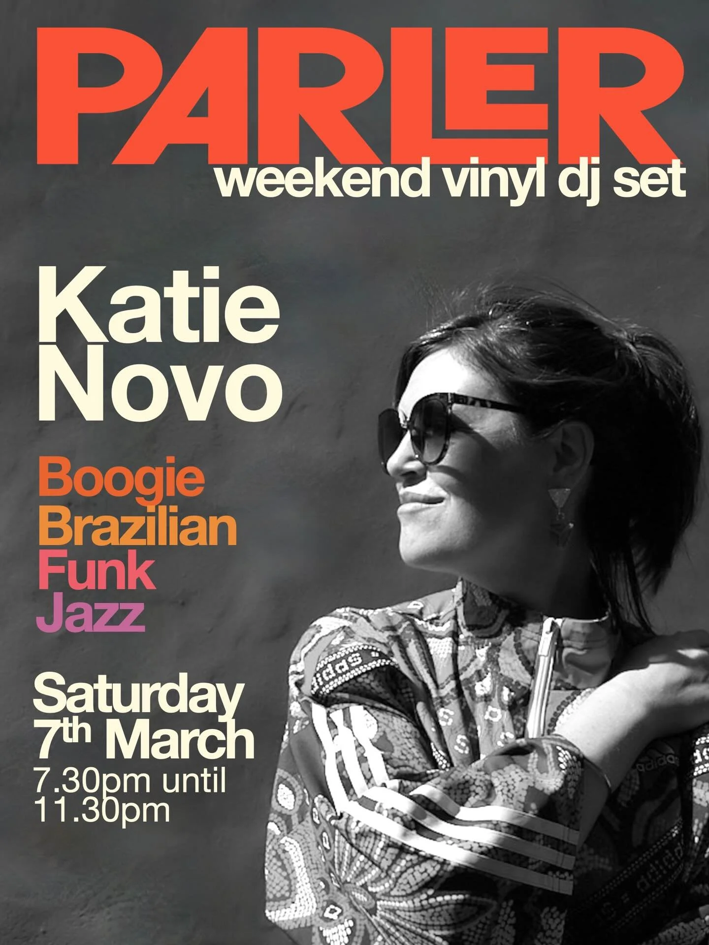 Join us on Saturday an unmissable set by DJ Katie Novo!
7.30pm to 11.30pm

Katie&nbsp;fuses&nbsp;Jazz, Broken Beat, Latin,&nbsp;Funk, Afrobeat,&nbsp;House and&nbsp;Boogie&mdash;a&nbsp;sound nurtured over a 30-year journey of musical discovery. 

Fo