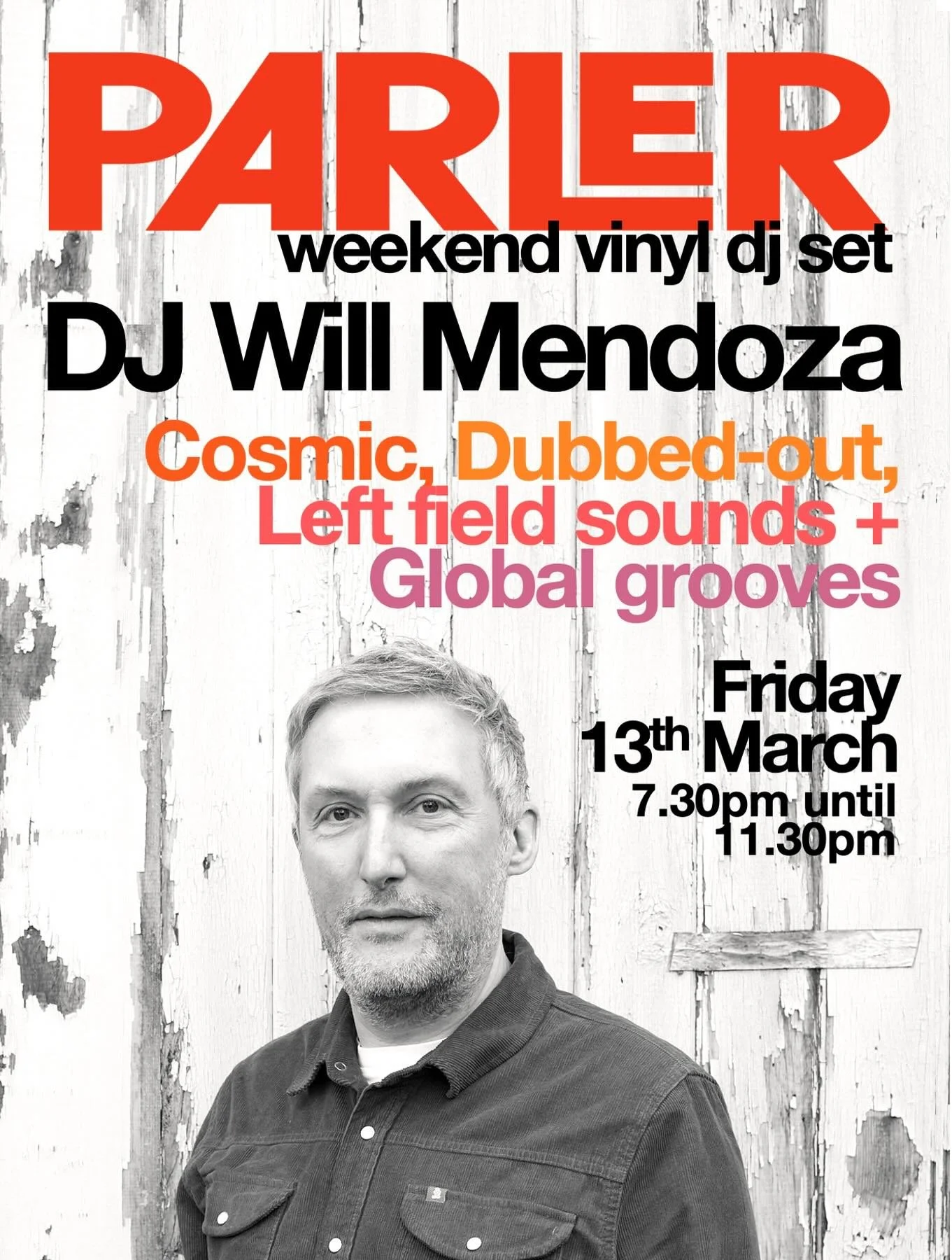 Join us this coming Friday 13th March for an evening of slick grooves with DJ Will Mendoza on the decks.
7.30pm to 11.30pm
Expect a multi-genre vinyl set designed for deep listening, varied in tempo and unrestricted in outlook. 
The focus is on na