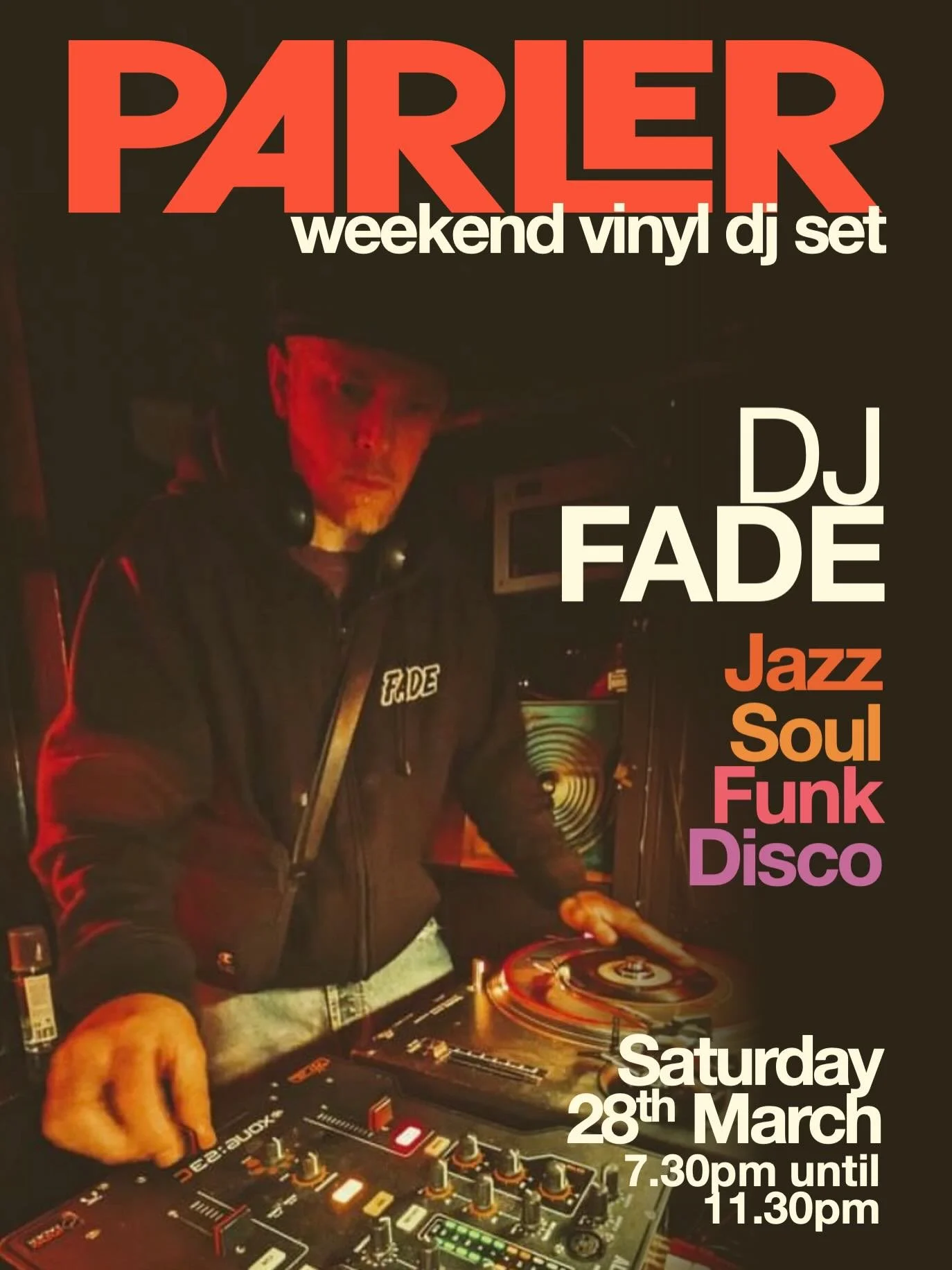 DJ Fade will be gracing Parler on Friday 28th March for another evening of audio magic in the heart of Cheltenham: 7.30pm to 11.30pm.
Drop by to enjoy the south-west vinyl veteran digging deep into his 5000+ strong record collection as he shares his