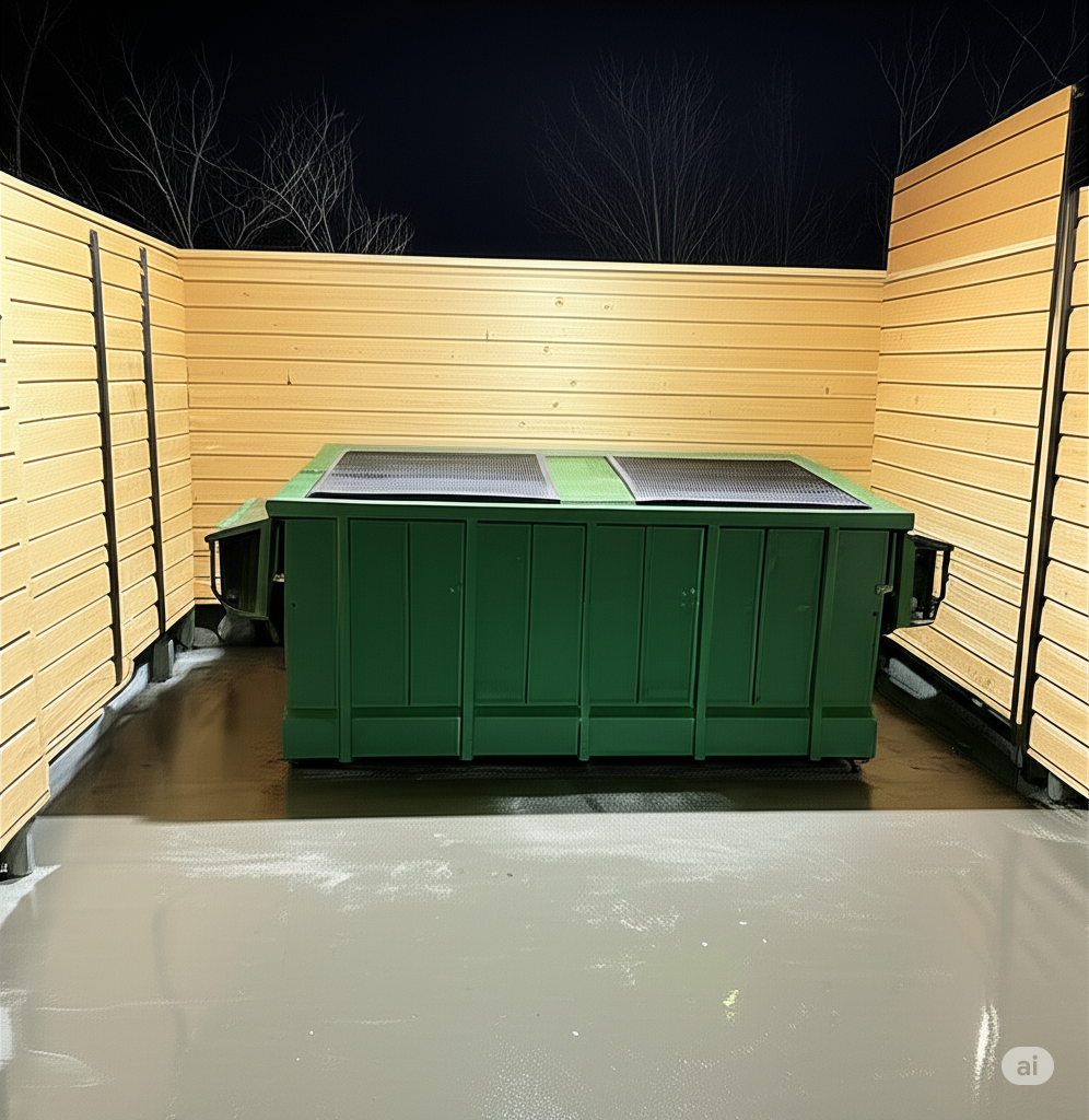 A green dumpster on a concrete floor, surrounded by wooden privacy walls at night.