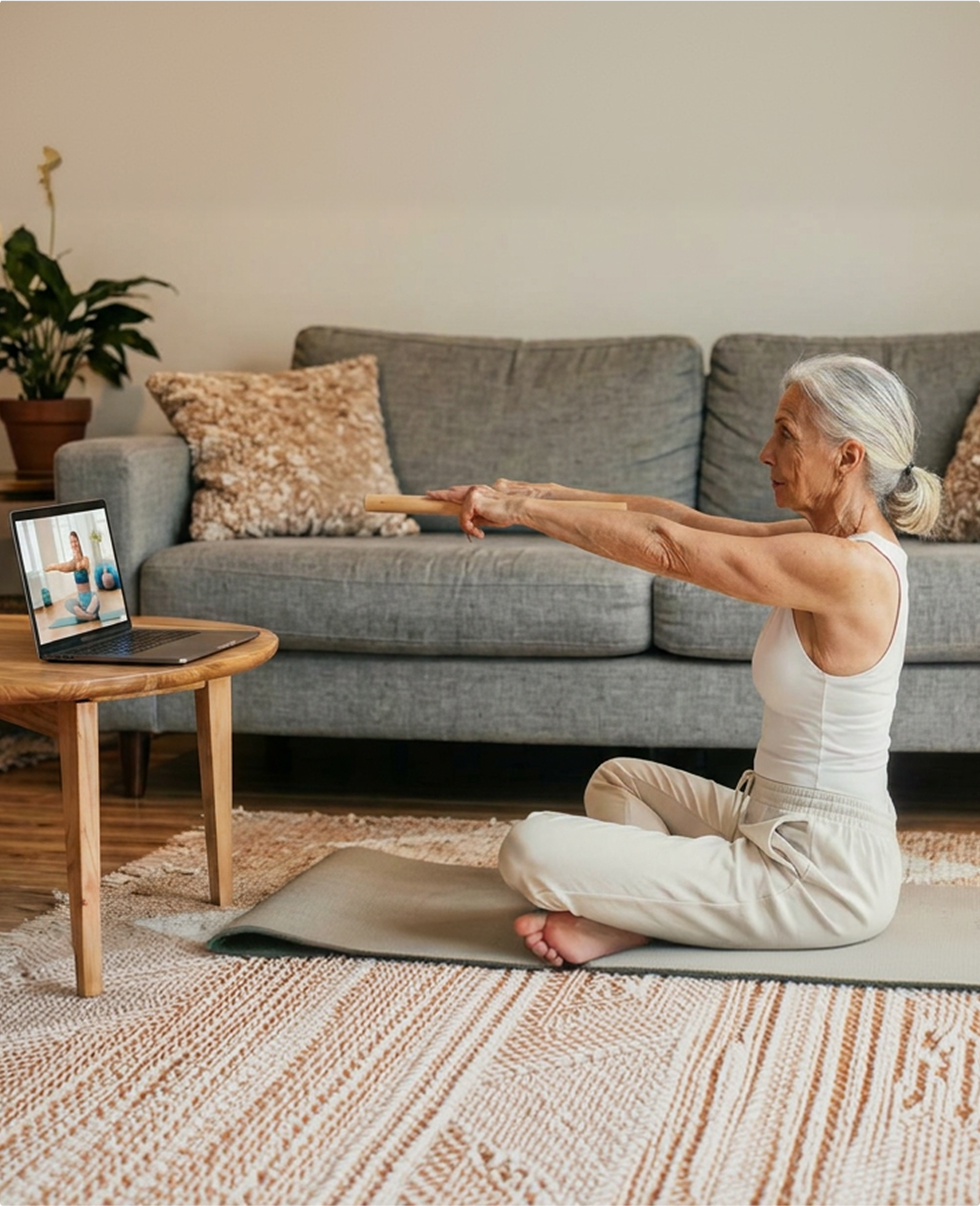Woman 60+ smiling at home with upright posture, conveying relief and wellbeing