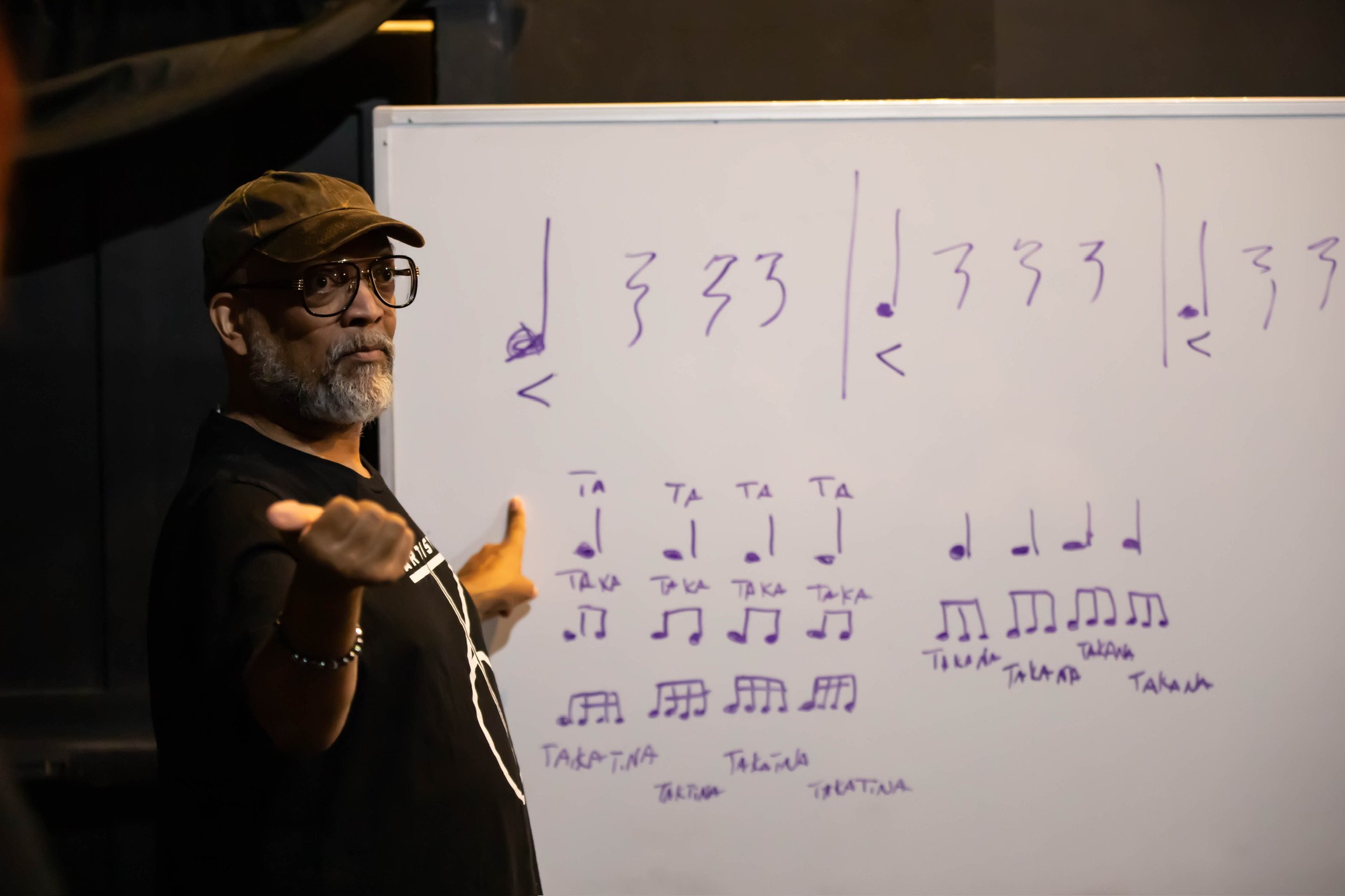 A man with a beard and glasses, wearing a cap and black shirt, stands beside a whiteboard with musical notation and symbols written in purple marker, indicating music instruction or analysis.