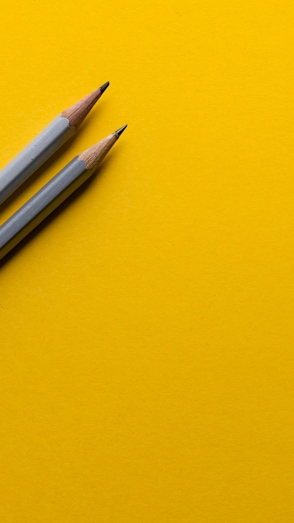 Two sharpened pencils with gray bodies on a yellow background.