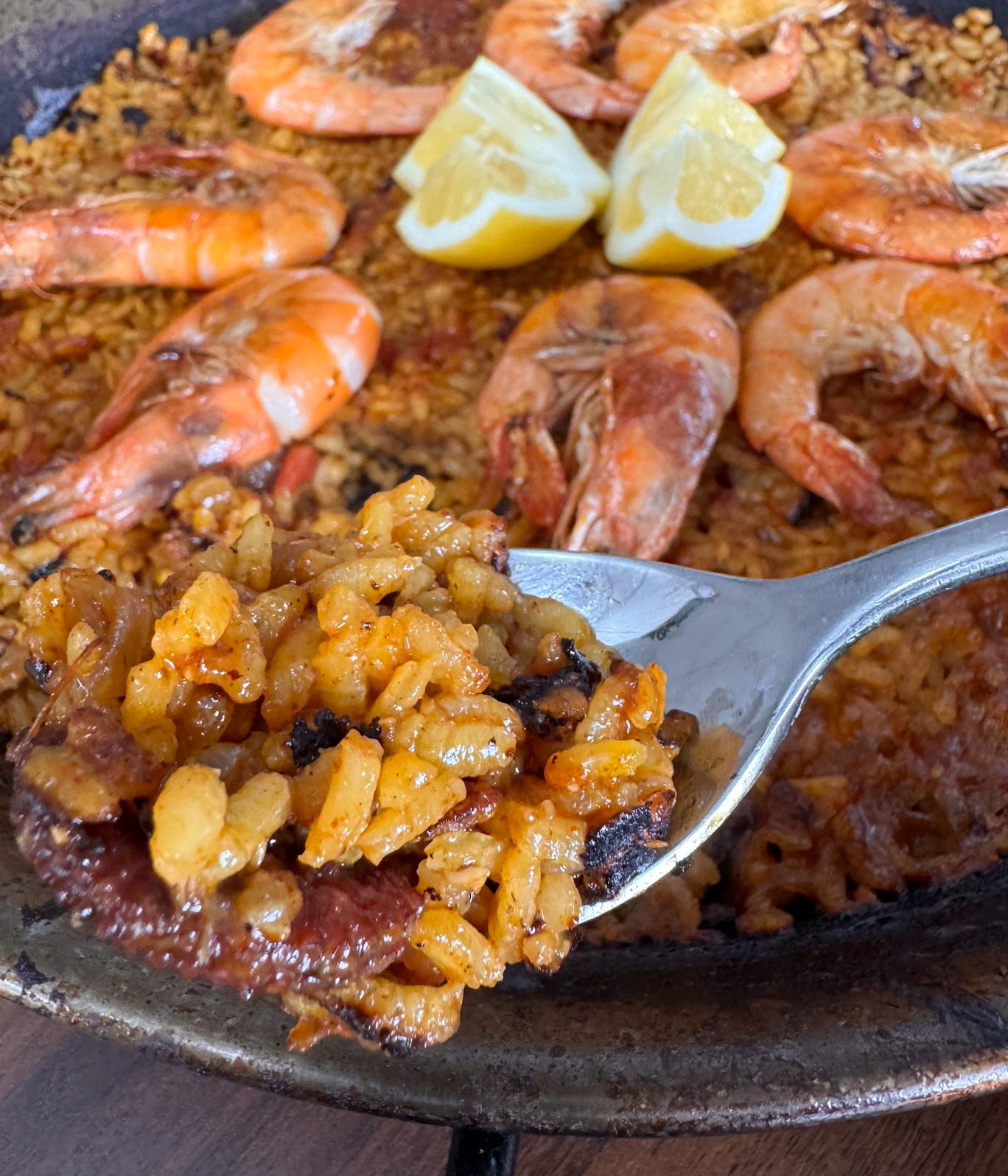 Seafood paella with shrimp and calamari and a caramelized socarrat