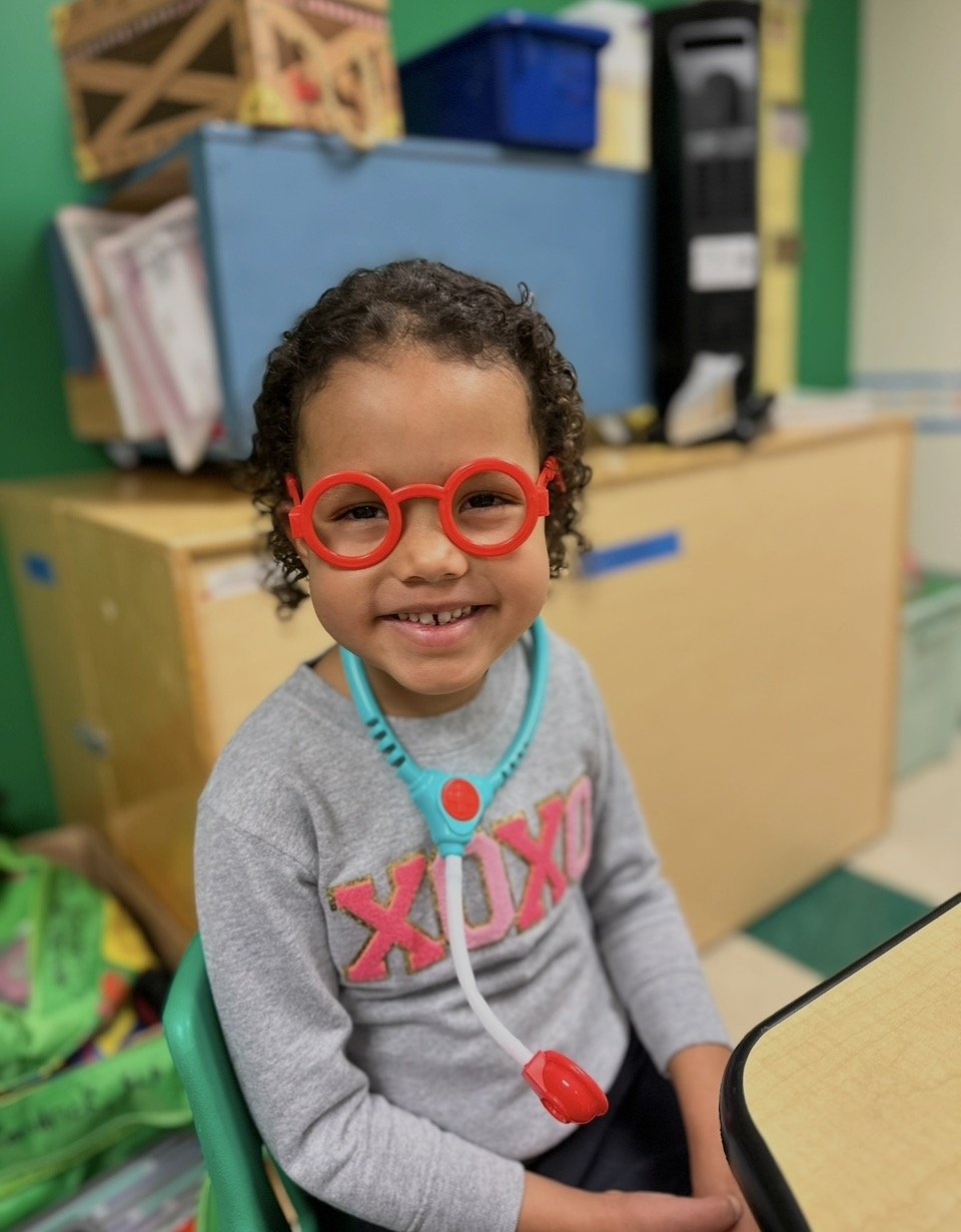 Another speech therapy session where play-based therapy is what my student found motivating. Today she is the "doctor," and I am her sick "patient."