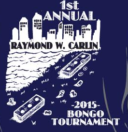 A graphic design promoting the 1st Annual Raymond W. Carlin 2015 Bongo Tournament, featuring a city skyline, a road with bongo drums as cars, and smaller images of bongos.