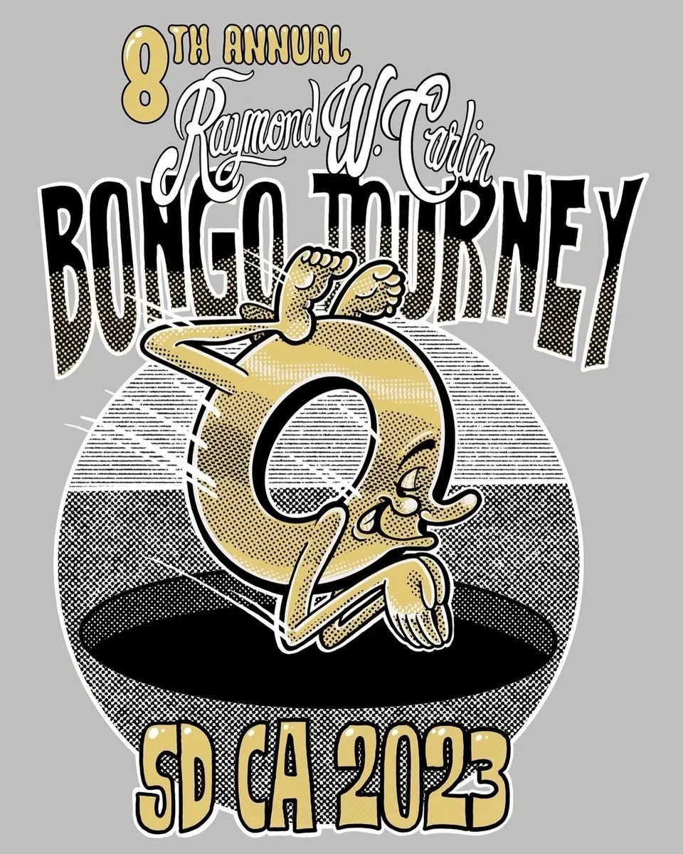 Graphic design for the 8th Annual Raymond W. Wulkin Bingo Tourney featuring a cartoon bingo ball with arms and legs, with text indicating event details including location in San Diego, California, 2023.