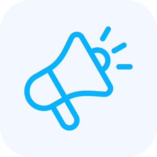 Icon of a megaphone with sound waves indicating announcement or alert.