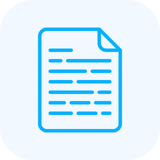 Icon of a blue document with lines of text on a light gray background.