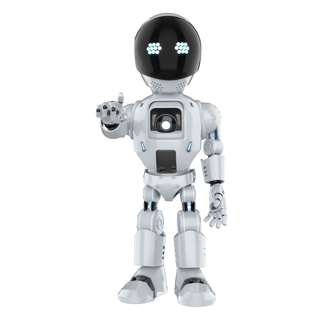 A white humanoid robot with a black, shiny, rounded head and digital eyes, standing against a plain white background, with one hand raised and pointing forward.